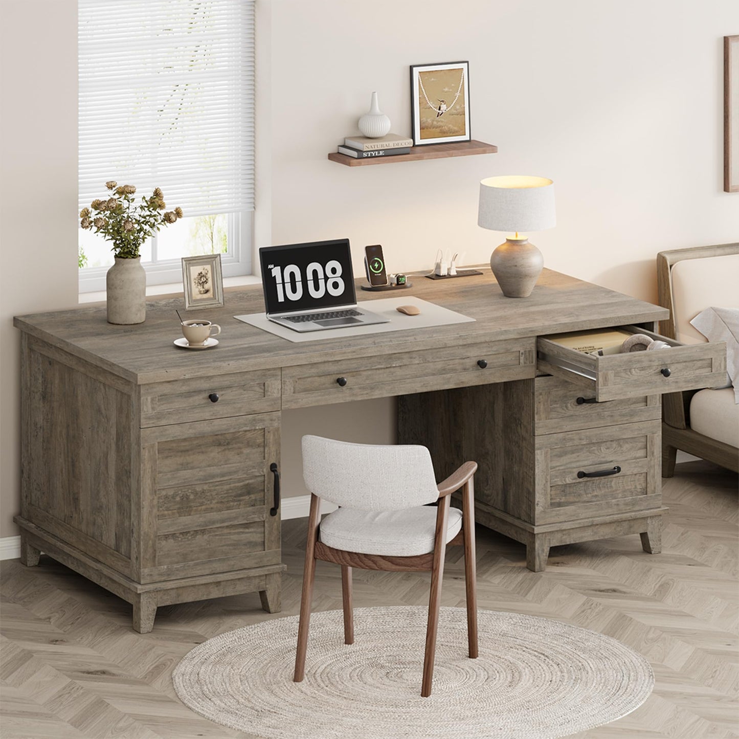 Garvee 60" Wooden Home Office Desk with File Drawers, Executive Desk with Adjustable Cabinet, Farmhouse Wood Desk with Power Outlet, Distressed Study and Work Table, Rustic Grey