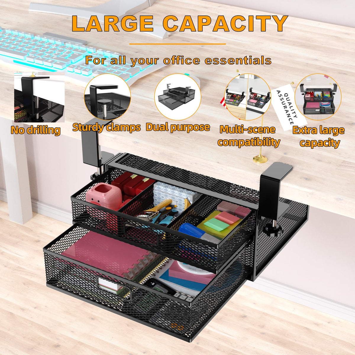 SRJZMLY Under Desk Drawer Organizer No Drill Metal Under Desk Storage Drawer Container 2 Slide Out Cabinet Drawer Suitable for Home And Office (Medium)