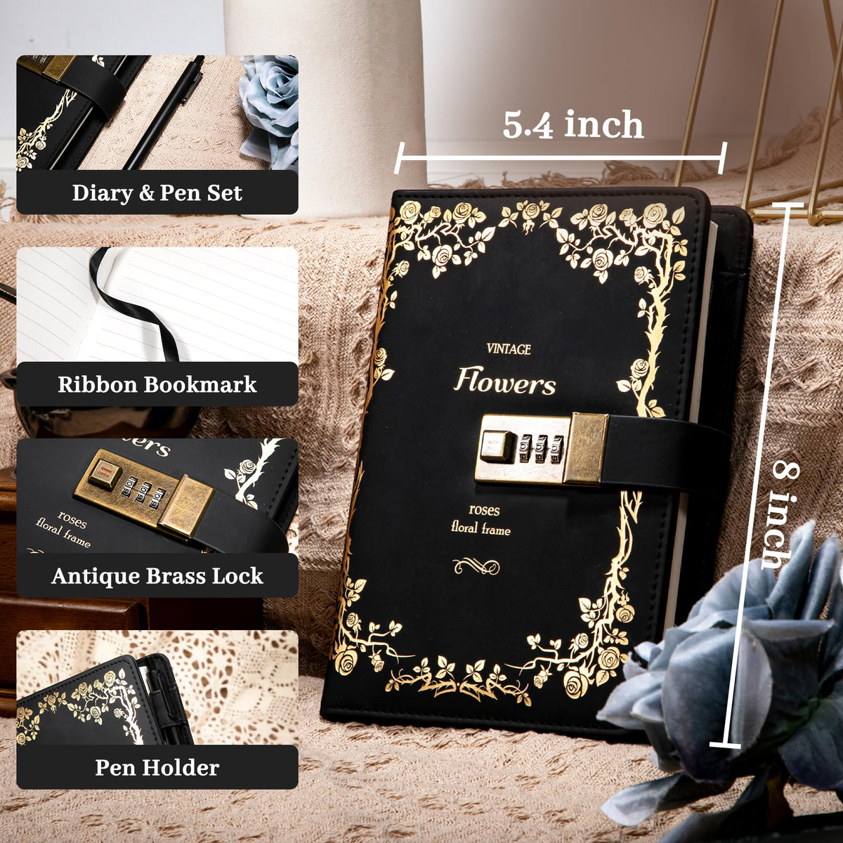 CAGIE Journal with Lock for Women Girls Refillable Lock Diary with Pen, Vintage Hot Foil Embossed Design Locking Journal for Gifts, Travel, 5.5 x 8 in, Black