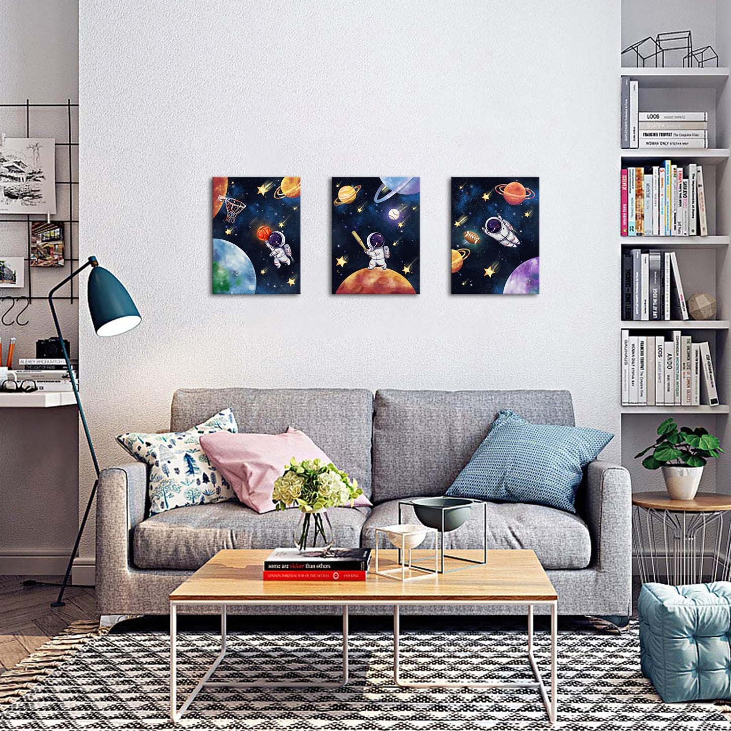 Biuteawal 3 Panels Space Wall Art Cute Astronaut Play Basketball Football Baseball Sports Picture Universe Theme Canvas Painting Funny Art Boys Girls Kids Bedroom Nursery Room Decor