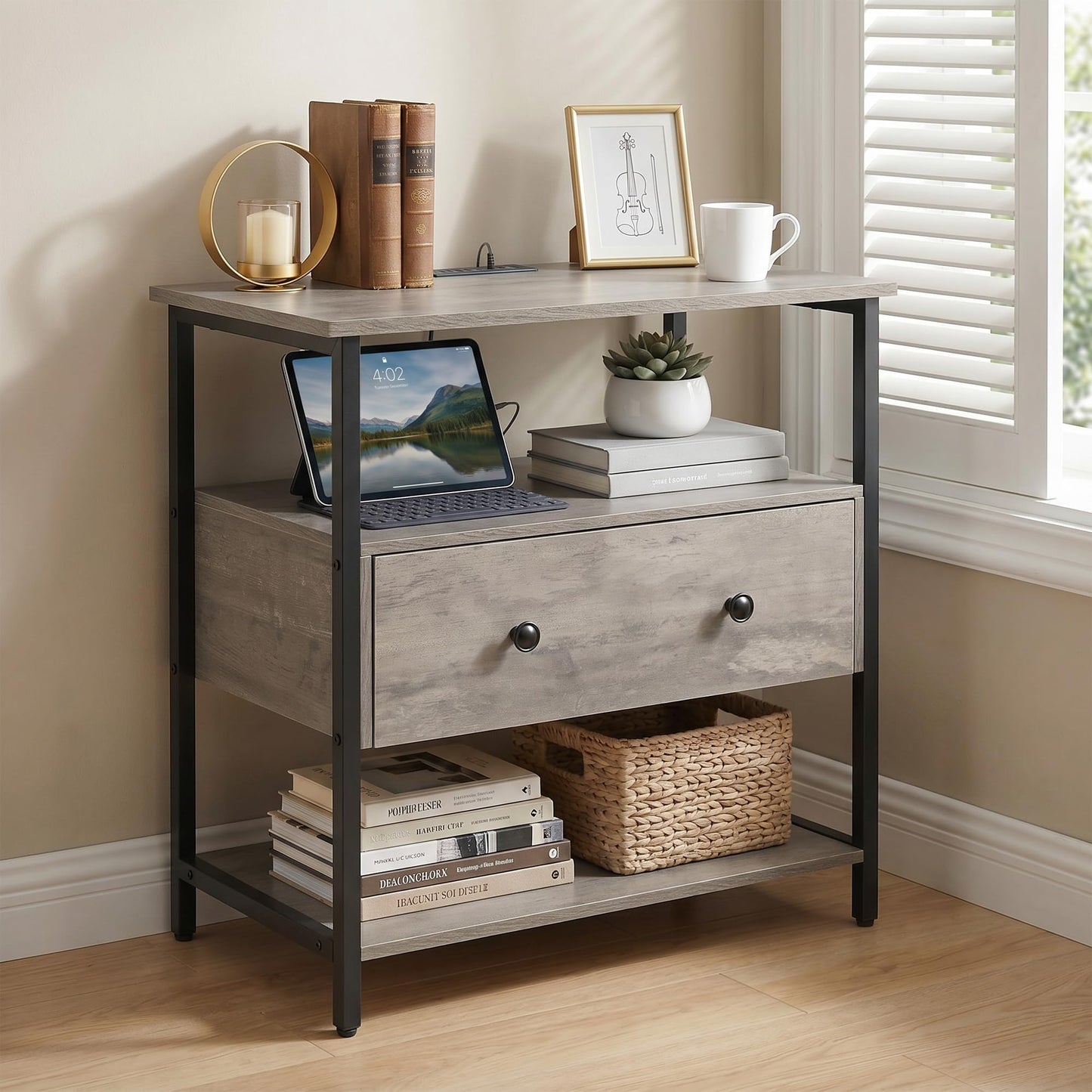 Edbuosy 27 Inch Wide Night Stand with Charging Station, Wood Nightstand with Open Shelf, Large Drawer Bedside Table for Living Room/Bedroom/Office (Rustic Gray)