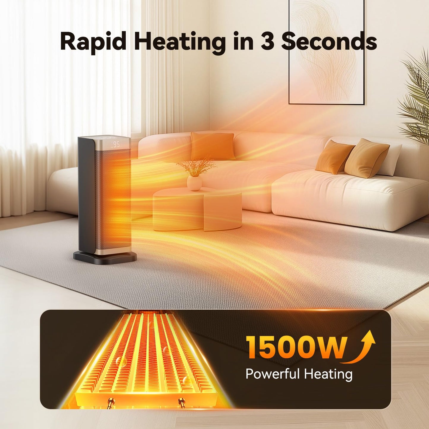 Space Heaters for Indoor Use, 1500W Electric Heater with Thermostat, 70° Oscillation, Remote Control, 3 Modes, 12H Timer, Portable Heater for Bedroom, Office, Home