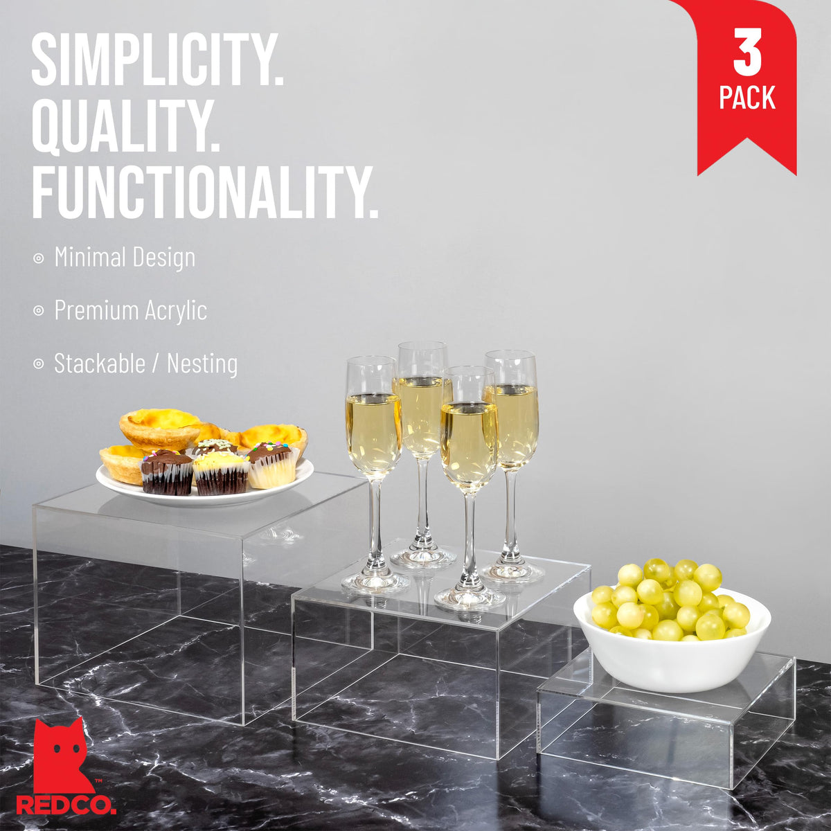 Red Co. Set of 3 Crystal Clear Acrylic Cube Display Nesting Risers with Hollow Bottoms, Transparent