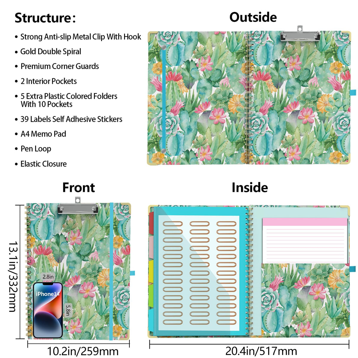 Clipboard Folder with Notepad Refillable Lined for Letter Size (11" x 8.5"), 5 Dividers with Storage 10 Pockets, Cute Spiral Foldable Clipboard with Metal Clip School Office Supplies(Cactus Flowers)