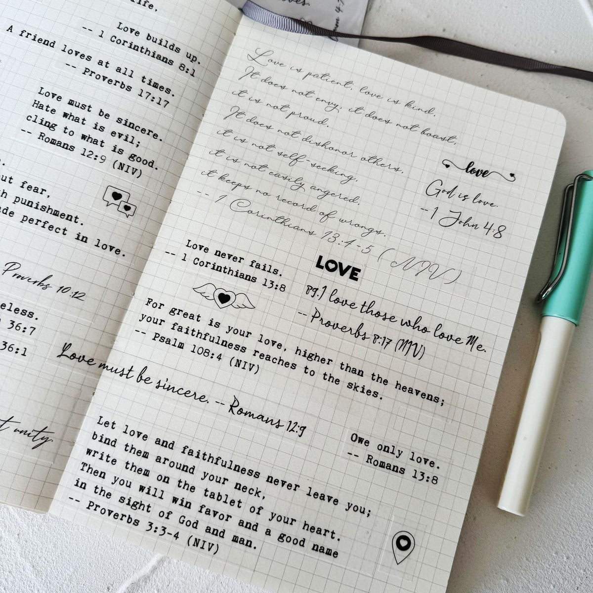 Esland Bible Verses Planner Stickers – 4 Sheets of Love Quotes, Retro Typewriter & Hand Lettering Styles, Inspirational Christian Stickers for Journaling, Scrapbooking, Bible Study, and Crafts
