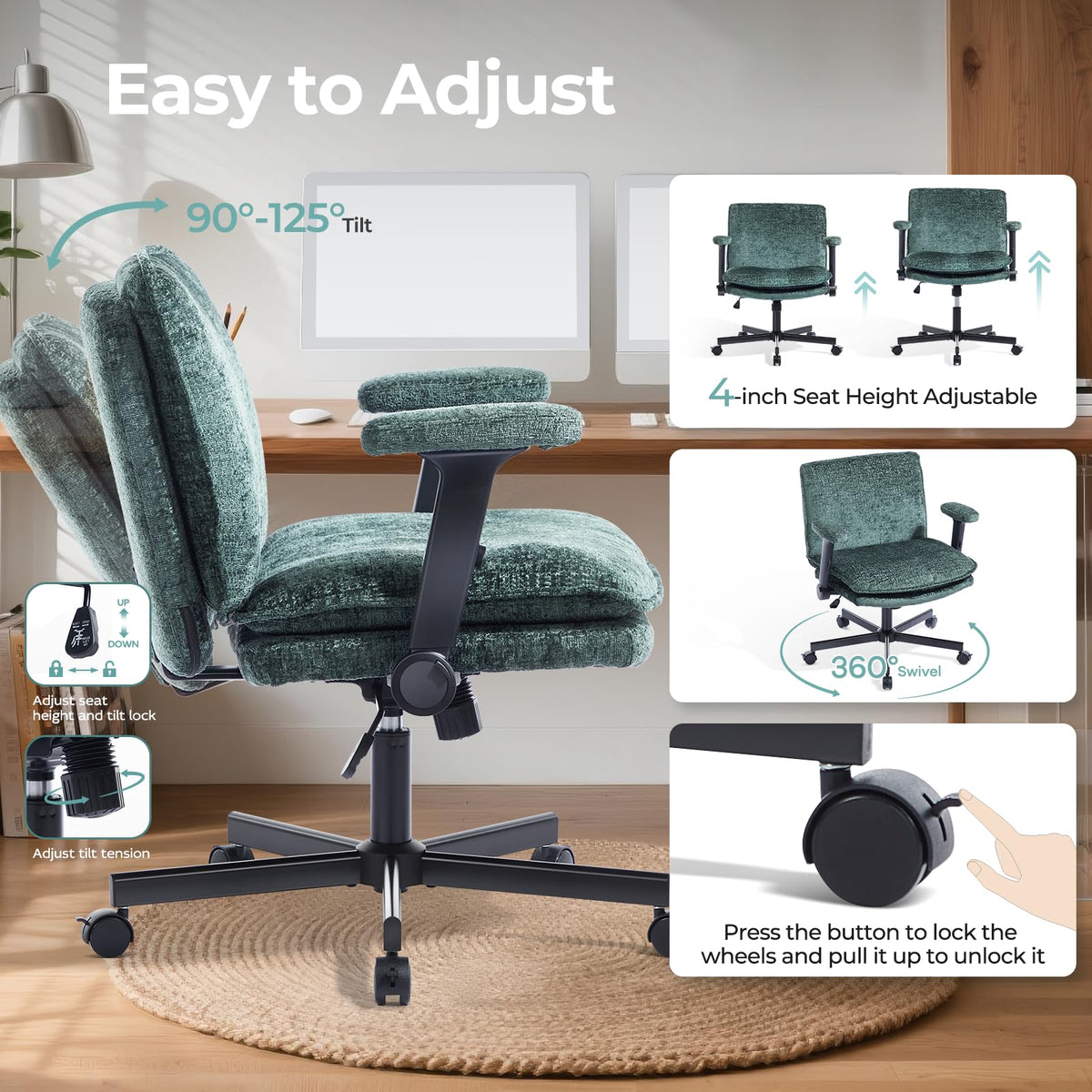 Morkprism Criss Cross Chair with Flip-Up Arms and Lockable Wheels, Plush Fabric Cross Legged Office Desk Chair,Wider 125°Tilting Adjustable Swivel Computer Chair for Home, Apartment, Bedroom,Green