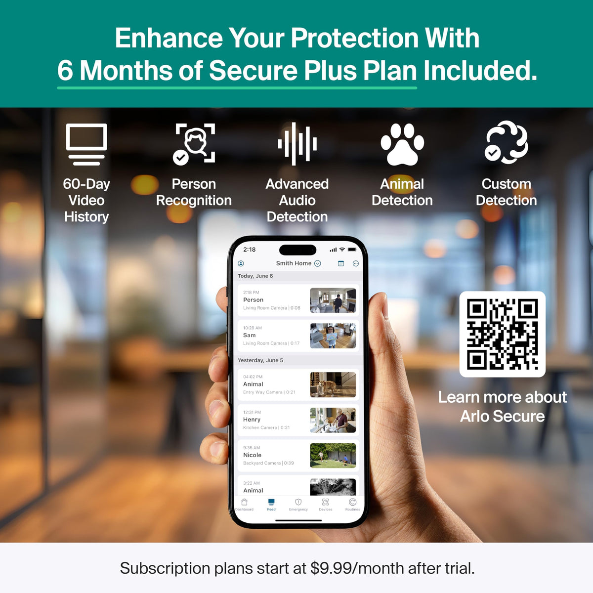 Arlo Essential Indoor Pan Tilt Security Camera 2K (2025 Release) + 6 Months of Secure Plus Plan - Wired Plug-in Power, Person Recognition, Animal Detection, Auto Motion Tracking, 1 Cam, White