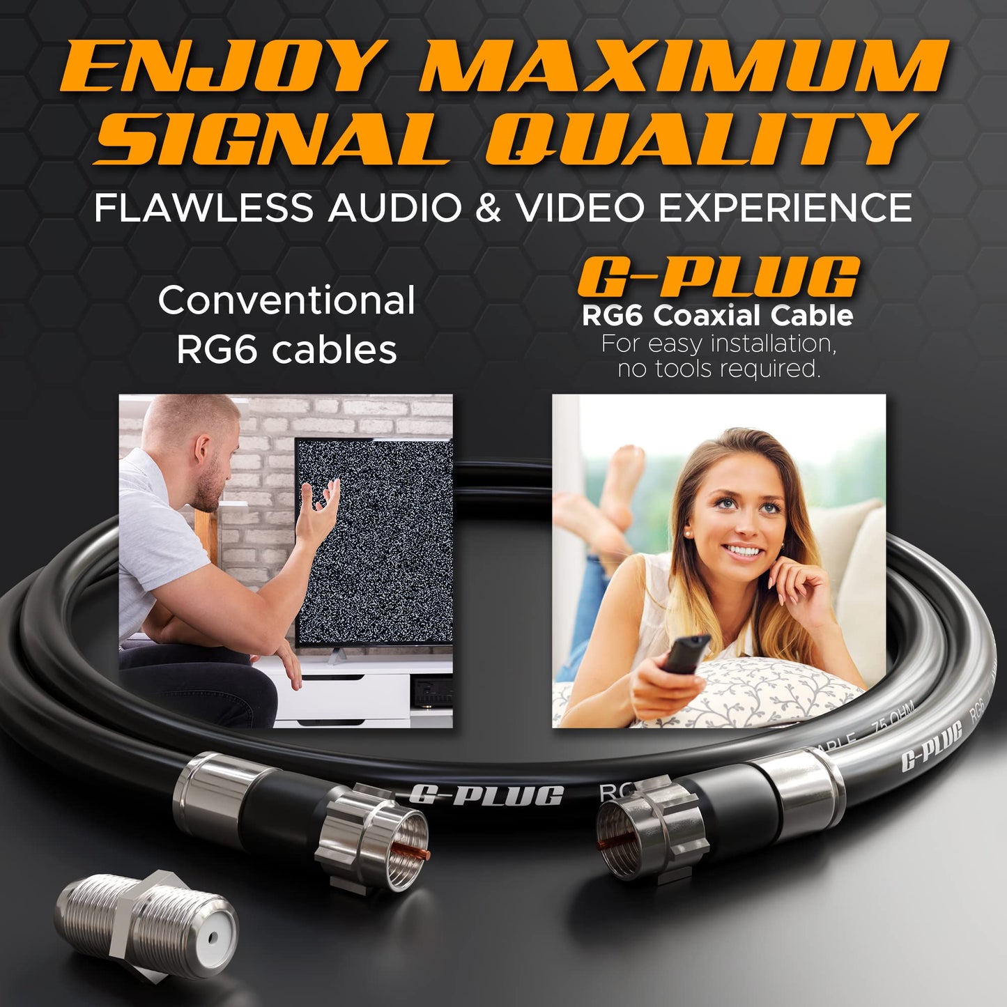 G-PLUG 25FT RG6 Coaxial Cable Connectors Set - High-Speed Internet, Broadband and Digital TV Aerial, Satellite Sky Cable Extension- Weather-Sealed Double Rubber O-Ring and Compression Connectors Black