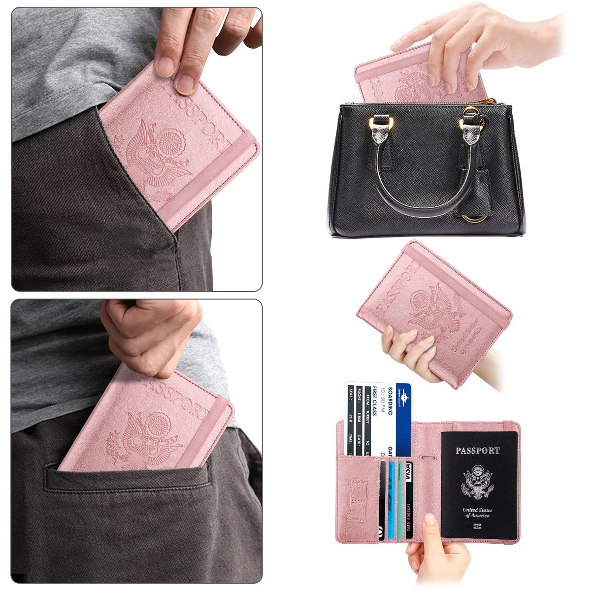 WALNEW Passport Holder for Travel, RFID Passport Cover Wallet for Women Men, PU Leather Passport Book Card Holder Case with Pen (Elastic Band Closure, AA-Brown+Rosegold)