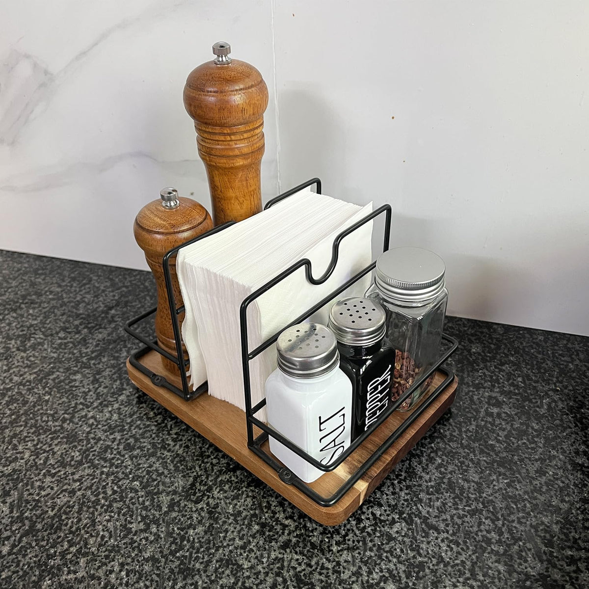 Napkin Holders for Kitchen Table, Rotating Wood Vertical Napkin Dispenser That Can Hold Salt and Pepper, Rustic Napkin Holder for Kitchen Dining Table Decor Brow Acacia