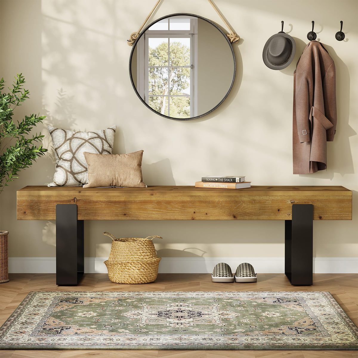 TRIBEWOOD Solid Wooden Entryway Bench, 63" Farmhouse Indoor Shoe Bench with Metal Legs, Industrial Long End of Bed Stool with Seating for Entry, Hallway, Porch, Living Room, Mudroom, Easy Assembly