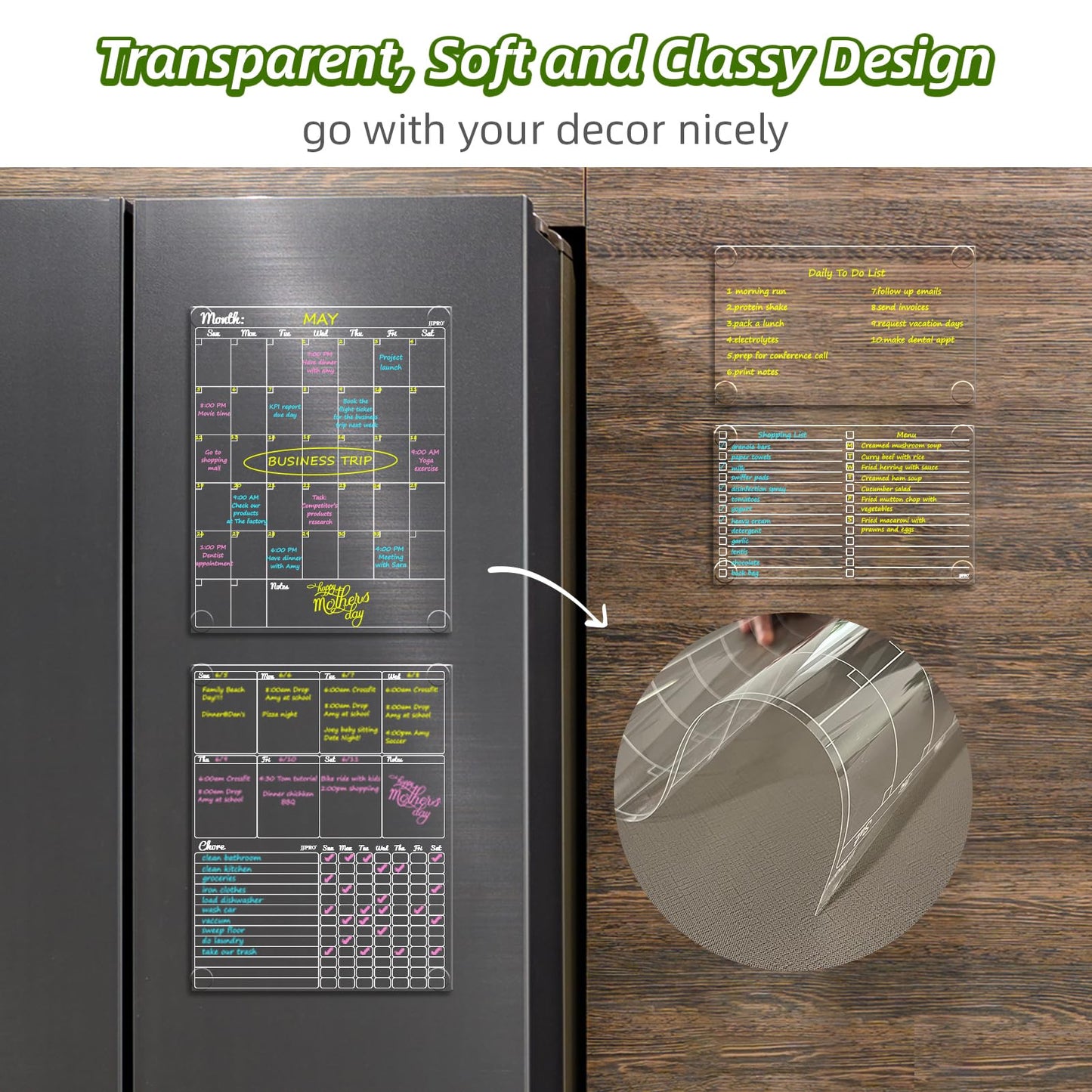 JJPRO Non-Magnetic Dry Erase Calendar - Monthly & Weekly Chart, List & Blank Board for Smooth Surfaces. Clear Reusable Calendar Sticks to Fridge, Cabinet, Door & Glass