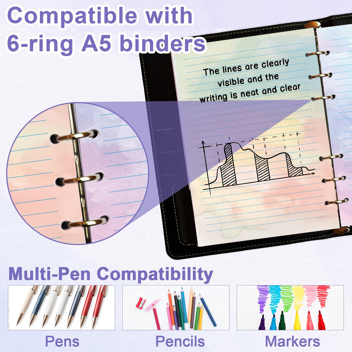600 Sheet Watercolor A5 Refill Paper for Planner Inserts 6-Hole Loose Leaf Lined Filler Paper A5 Refillable Notebook Planner Accessories 100GSM for 6 Ring Binder Budget Planner Journal 5.6" x 8.2"