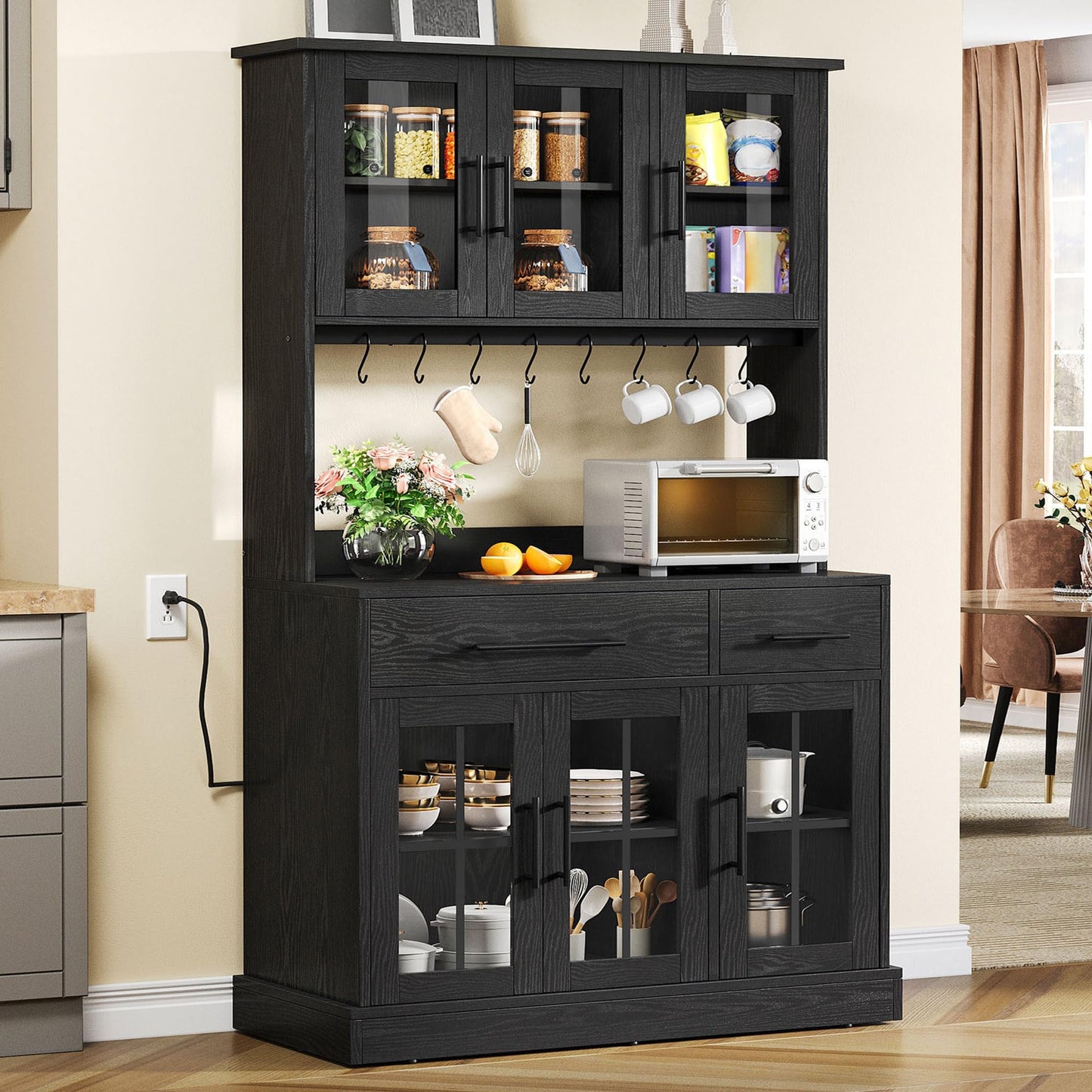 YITAHOME 71'' Kitchen Pantry Storage Cabinet with Microwave Stand, Tall Freestanding Hutch Cabinet with Power Outlet, Pantry Cabinets with Buffet Cupboard, Drawers and Acrylic Doors for Home, Black