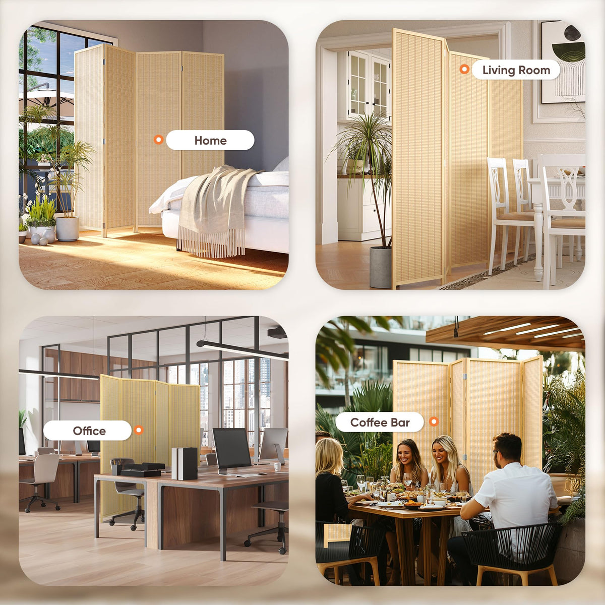 JOSTYLE Room Divider 4 Panel Folding Privacy Screen, Bamboo Room Divider Screen - 6 ft. Tall Wall Divider for Room Separation Freestanding Partition Separators, Beige, 70.9" H x 79.9" W
