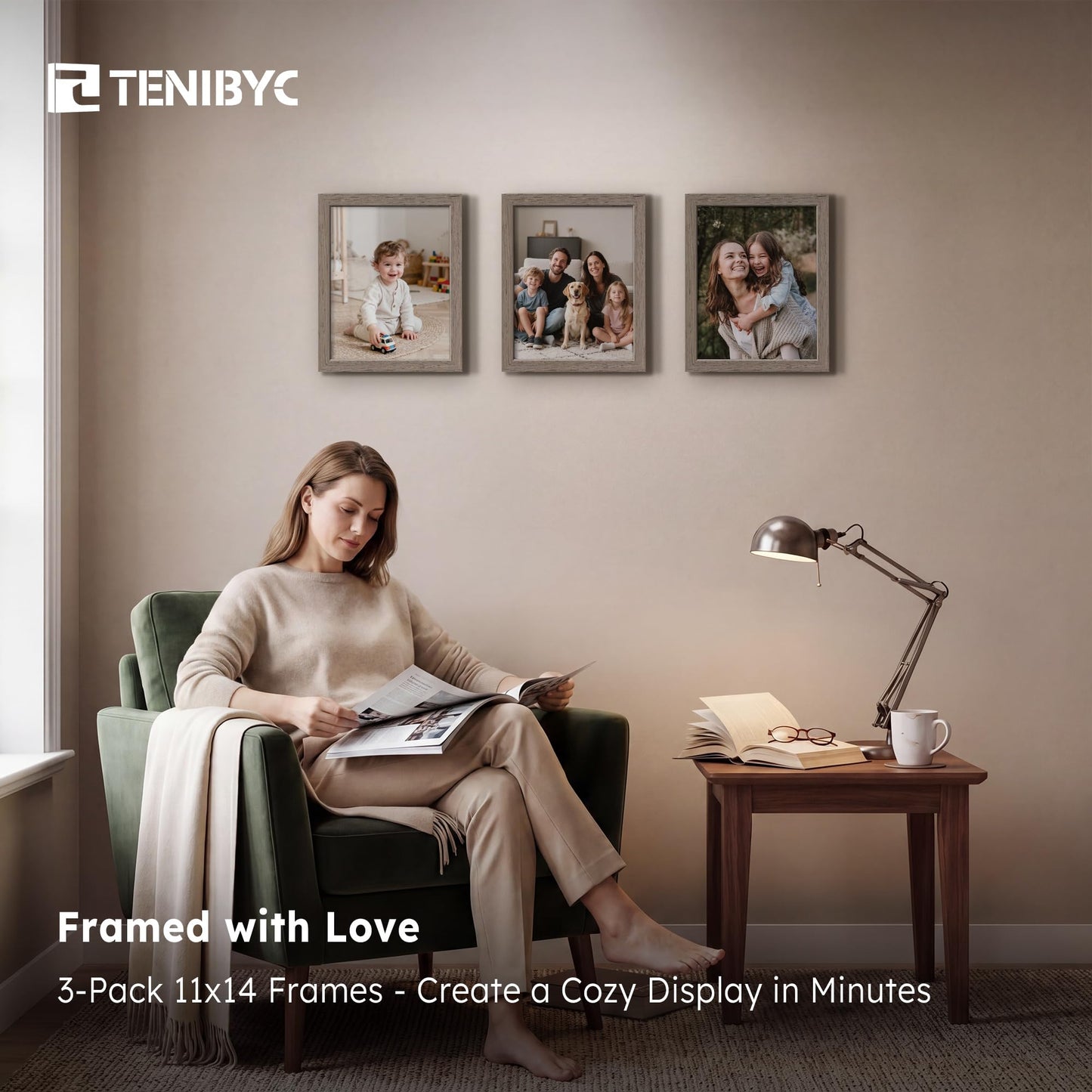 TENIBYC 11x14 Walnut Picture Frame 3 Pack with HD Glass - Natural Brown, Solid Wood Poster Frame, Wall Gallery Frame