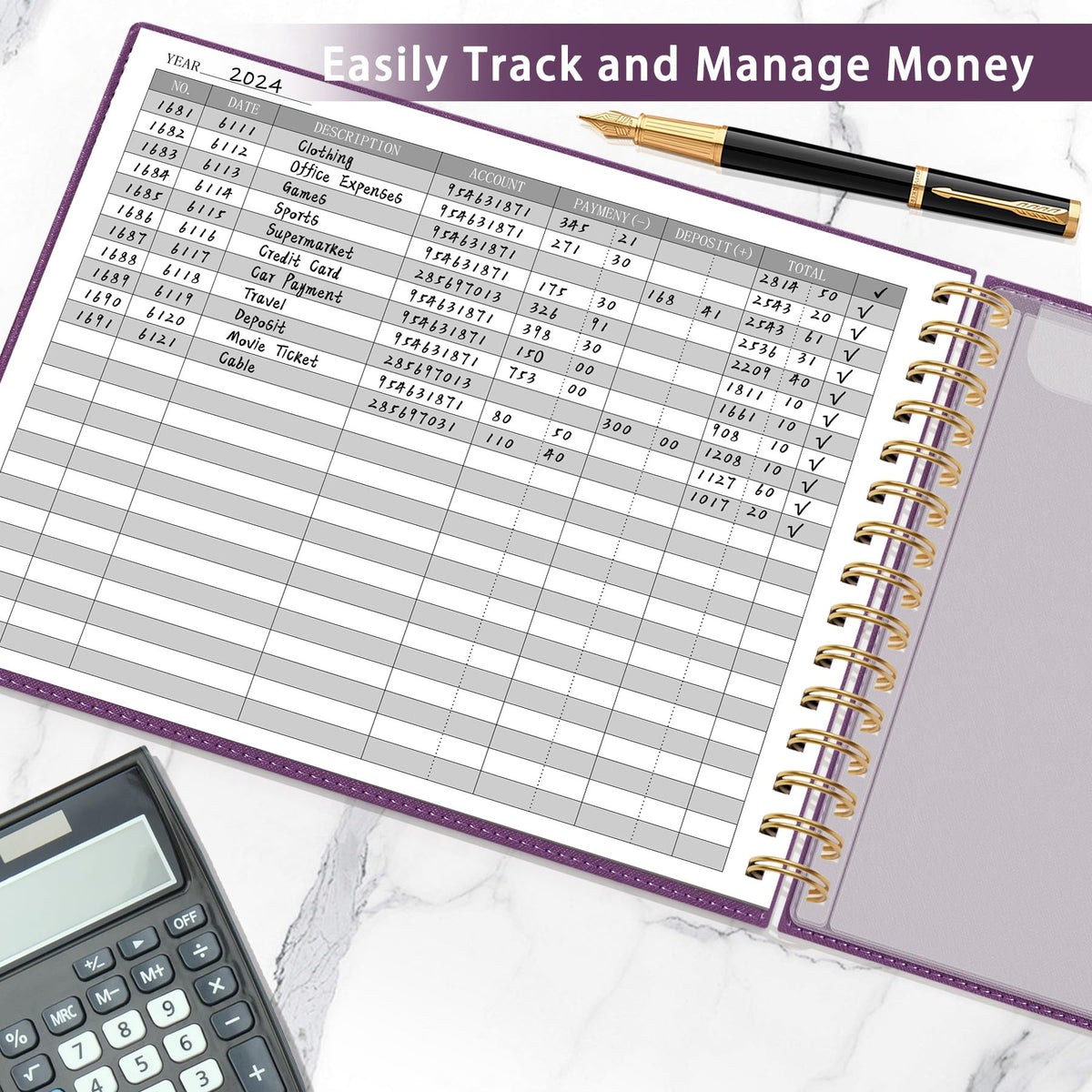 HAUTOCO Hardcover Accounting Ledger Book for Small Business Bookkeeping Horizontal Money Expense Tracker Notebook with 2 Storage Pouch, Personal Columnar Log Journal 10.78 x 8'', Deep Purple