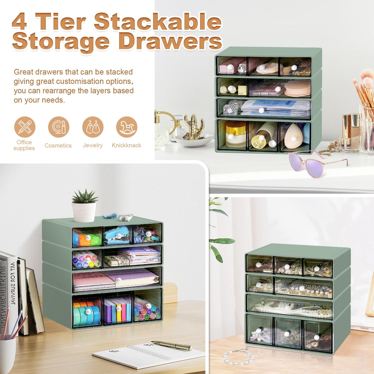 MYKASEN Desk Organizer with 9 Drawers, 4 Tier Plastic Stackable Storage Drawers for Desk Storage, Office Stationary Makeup Organizer Suit for Home, Office and School