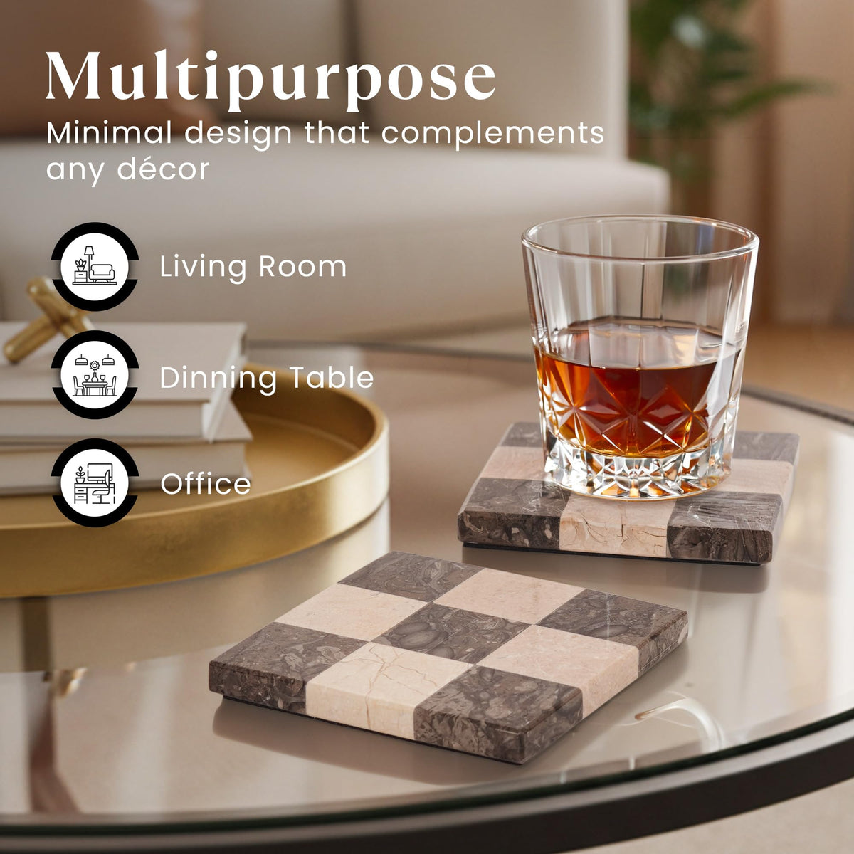 EarthenTones Marble Coasters Set of 4, Oceanic & Verona Handmade 4 inch Square Stone Coaster, Decorative Checkered Cup Coaster for Coffee Table, Housewarming Gift & Luxury Kitchen Accessories