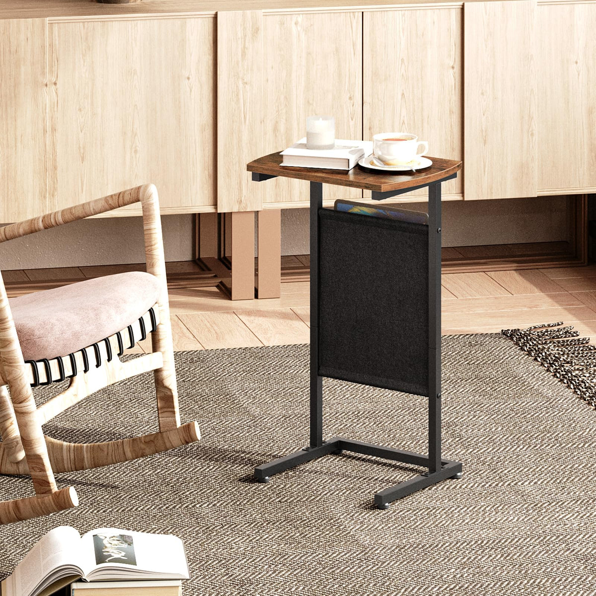HOOBRO C Shaped End Table, 28.3" Side Table for Small Spaces, Couch Table with Storage Bag, Slide Under Sofa Side Table, for Living Room, Bedroom, Rustic Brown and Black BF40SF01
