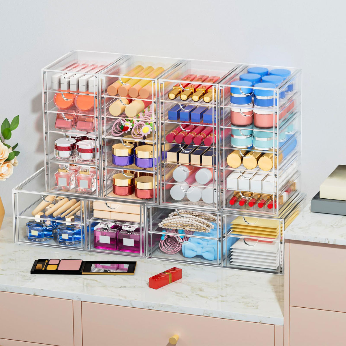 caktraie Makeup Organizer Storage With 30 Drawers, 6 Pcs Desktop Office Supplies, Desk Organizers, Clear Accessories, Dustproof Drawer and for Make Up, Jewelry, Pen, Stationary