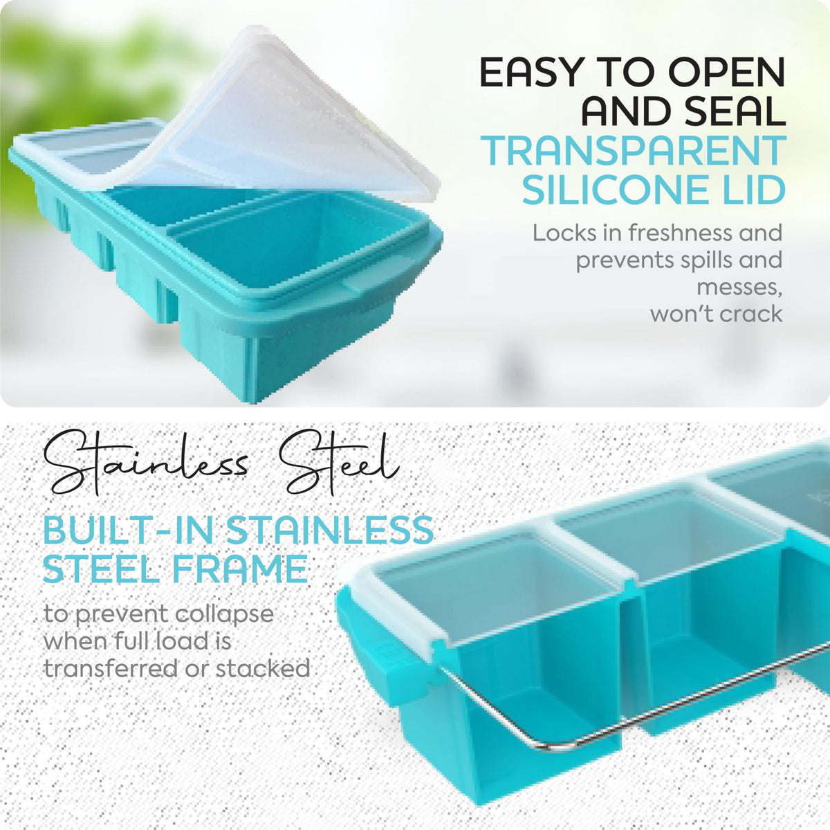 XOMOO Silicone Freezer Tray With Lid - Soup Freezer Container molds - Large Ice Cube Tray- makes 8 perfect 1 cup portions cubes, 2-Pack Freezer Storage Food Soups & Meal Prep - Oven & Dishwasher -Safe