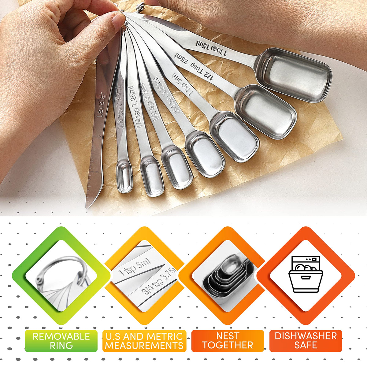 Spring Chef Stainless Steel Measuring Spoons Set of 8 with Leveler, Metal Teaspoon & Tablespoon Measuring Spoons for Dry & Liquid Ingredients, Fits in Spice Jars - Kitchen Gadgets For Baking & Cooking