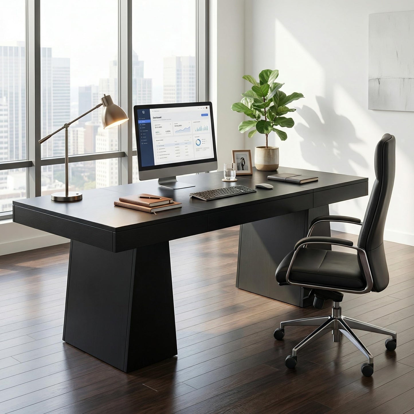 GarveeHome 55" Executive Desk, Mid-Century Modern Home Office Desks with Double Trapezoid Base, Wood Computer Desk Business Workstation Desk Conference Table, Black