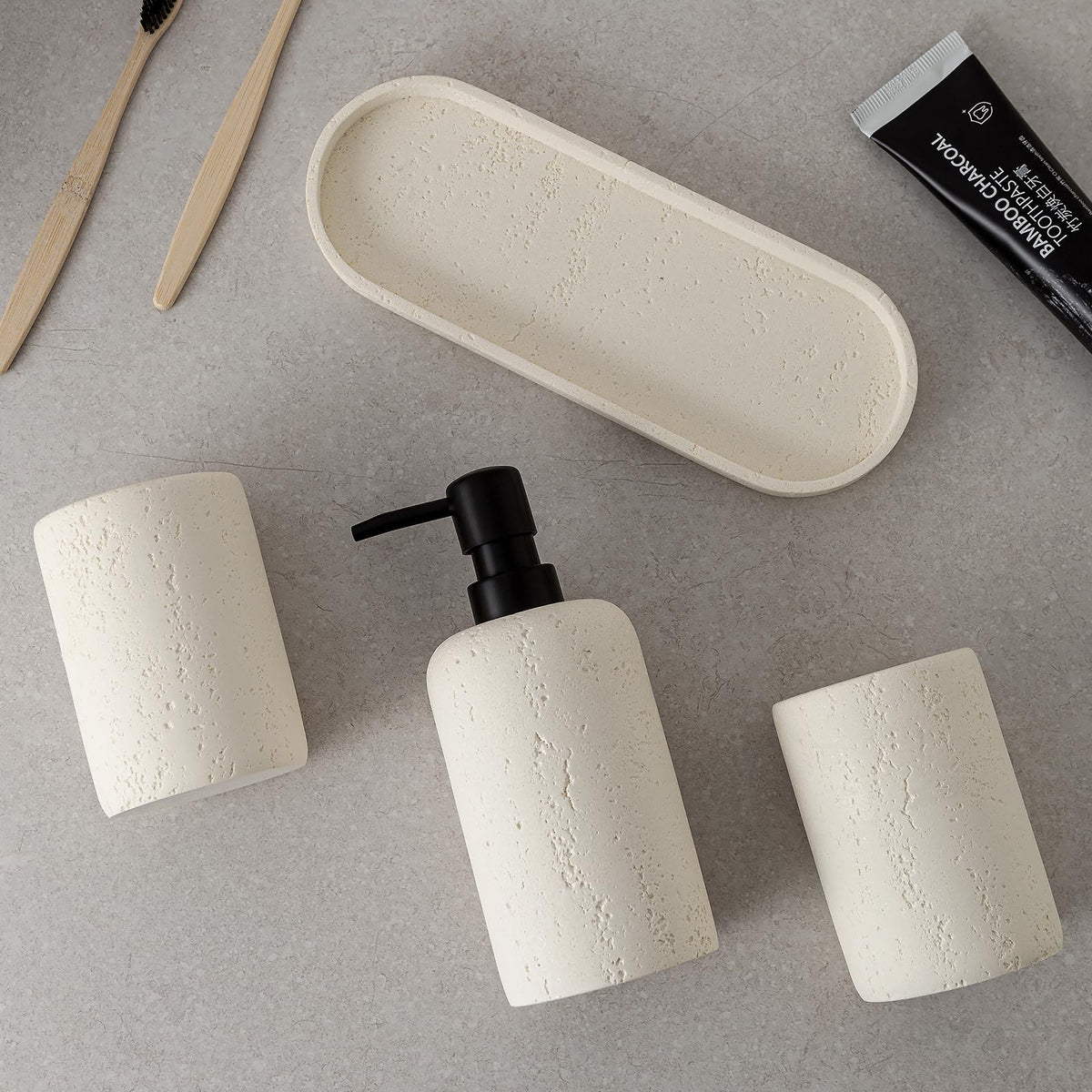WUUAHOME Bathroom Accessories Set, 4 Piece Travertine Stone Look Collection, Modern Bath Organizer with Soap Dispenser, Toothbrush Holder, Tumbler, Vanity Tray for Countertop Kitchen Sink (Off White)