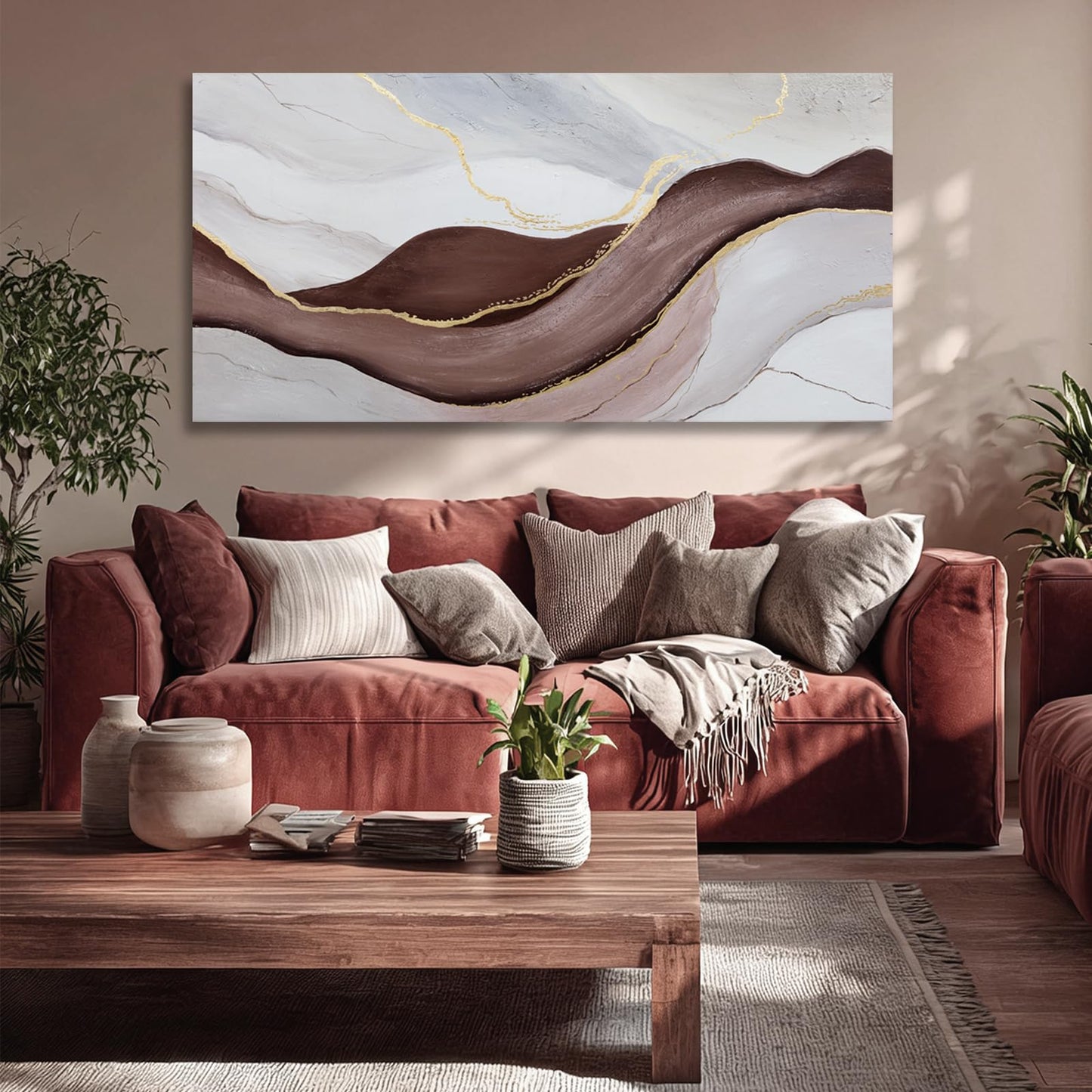 Hue7Art Modern Abstract Canvas Wall Art Neutral Flowing Lines Painting in White Gray and Brown, Minimalist Contemporary Artwork for Living Room Bedroom Office Wall Decor 24x48 Inch