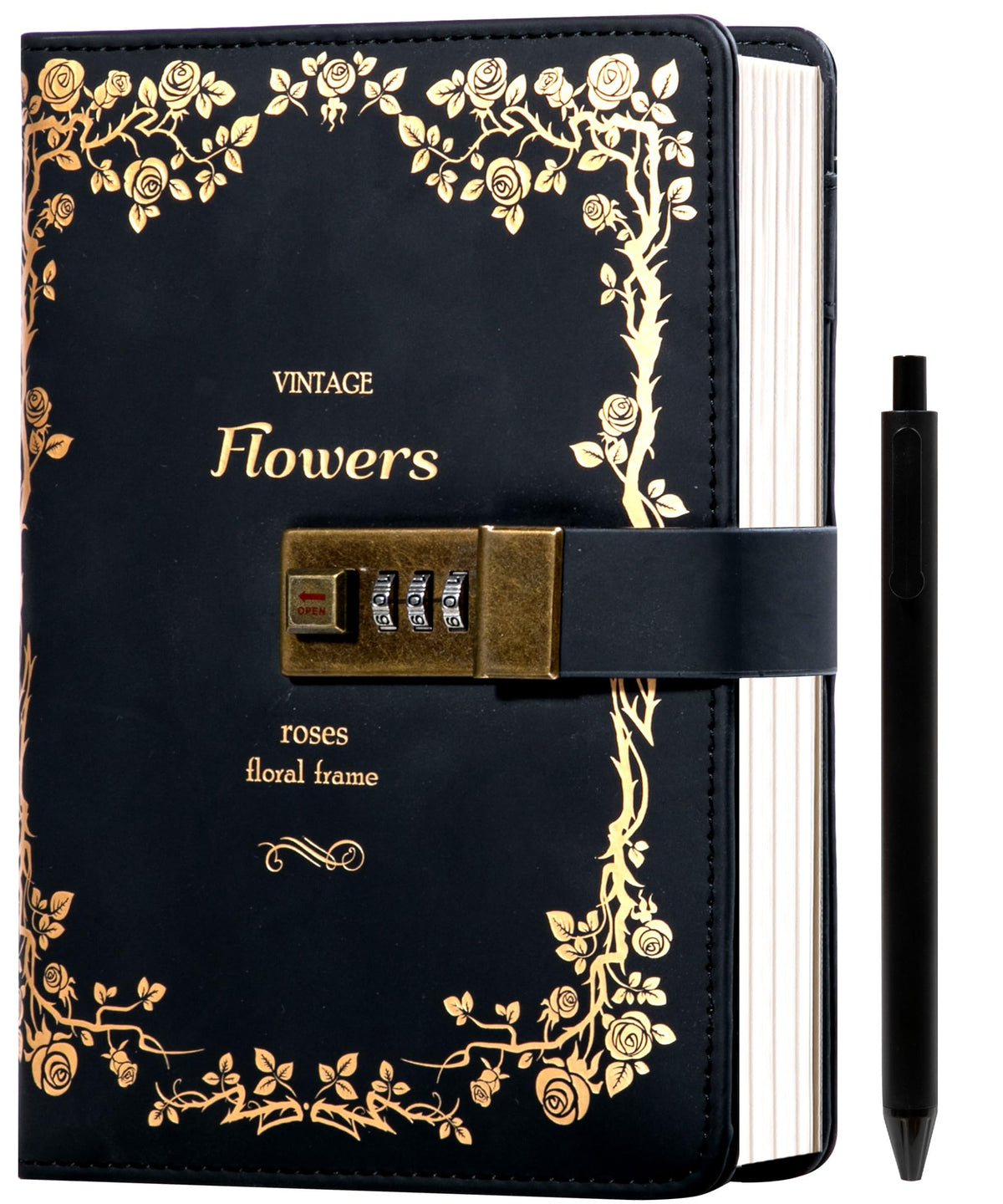 CAGIE Journal with Lock for Women Girls Refillable Lock Diary with Pen, Vintage Hot Foil Embossed Design Locking Journal for Gifts, Travel, 5.5 x 8 in, Black