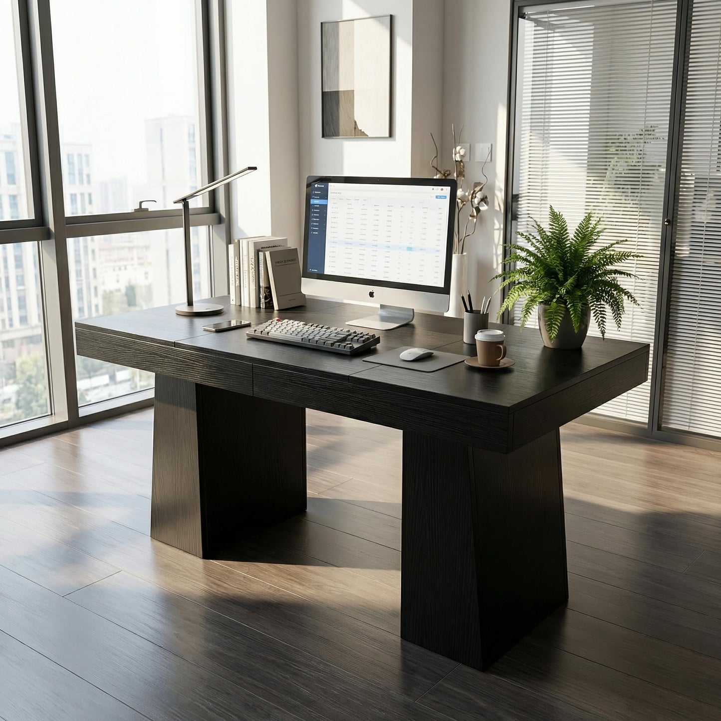 GarveeHome 55" Executive Desk, Mid-Century Modern Home Office Desks with Double Trapezoid Base, Wood Computer Desk Business Workstation Desk Conference Table, Black