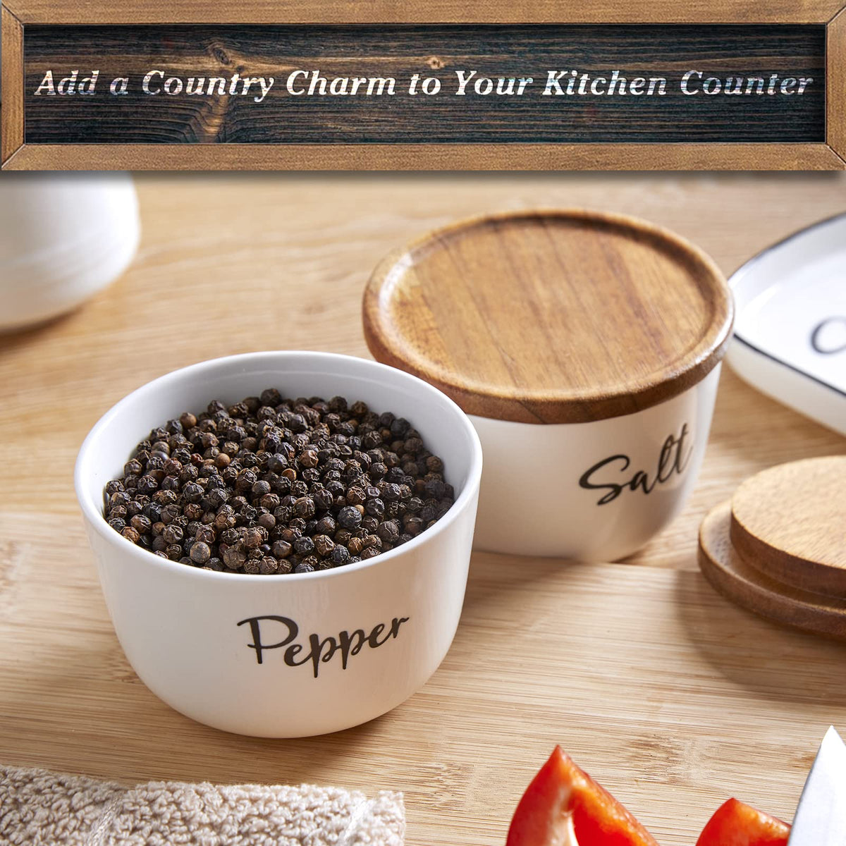 DAYYET Salt and Pepper Bowls, 10 oz Salt Cellar with Lid, Stacked Ceramic Salt Pepper Container with Acacia Wood Lid, Salt Box for Countertop, Modern Kitchen Decor, Set of 2, White