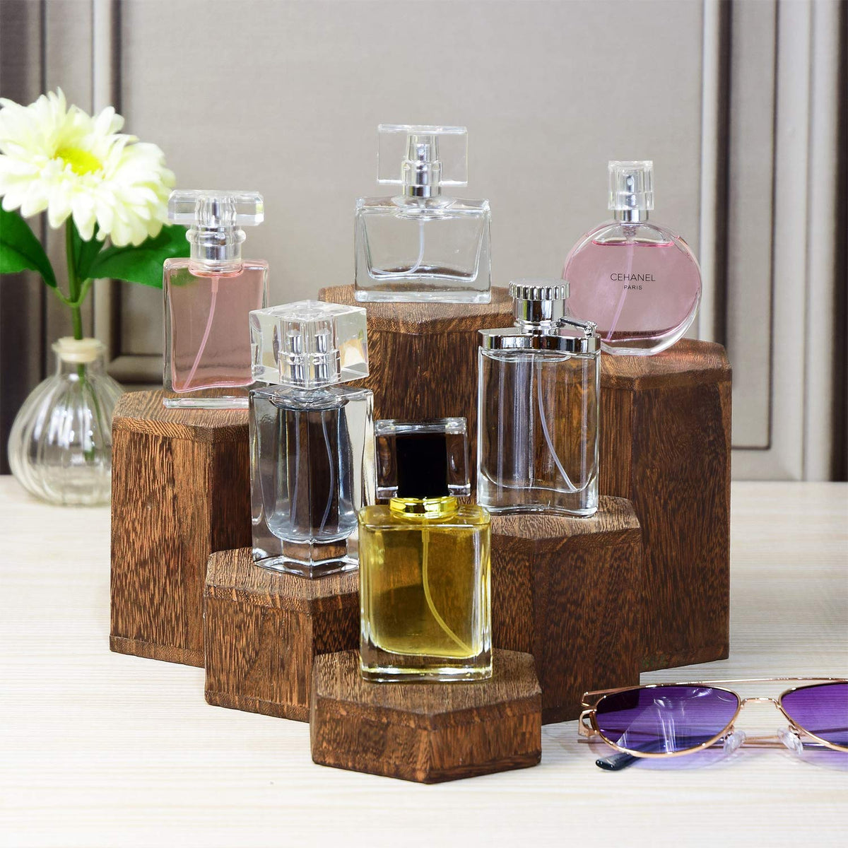 MOOCA Wooden 6 Pcs Hexagon Risers for Display Jewelry and Accessories Display Stand, Brown