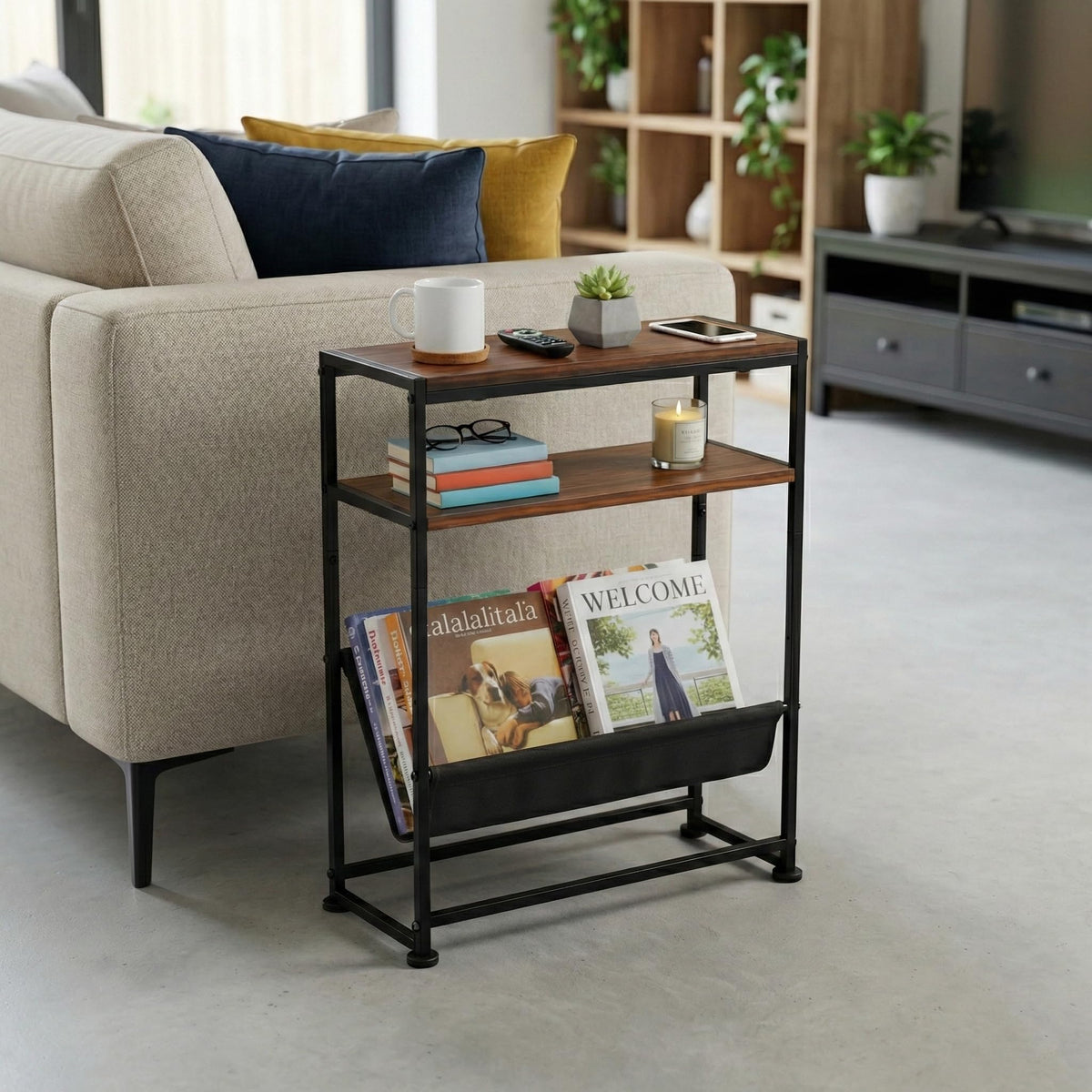 ZEXVIDA Narrow End Table with Magazine Rack, 2-Tier Slim Side Table for Small Spaces, Industrial Nightstand with Storage Sling for Living Room, Couch and Bedroom, Rustic Brown