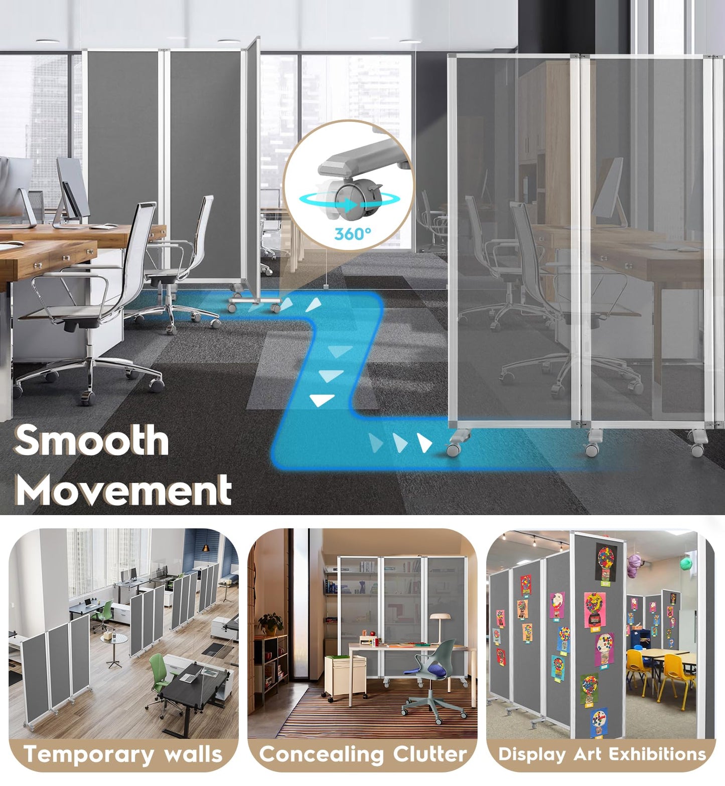 SWANCROWN Folding Office Partition 3-Panel Room Divider 71x71 in, Sliding Privacy Screen Portable Temporary Wall for Cubicle, Studio & Home Office, Soundproof Grey Felt