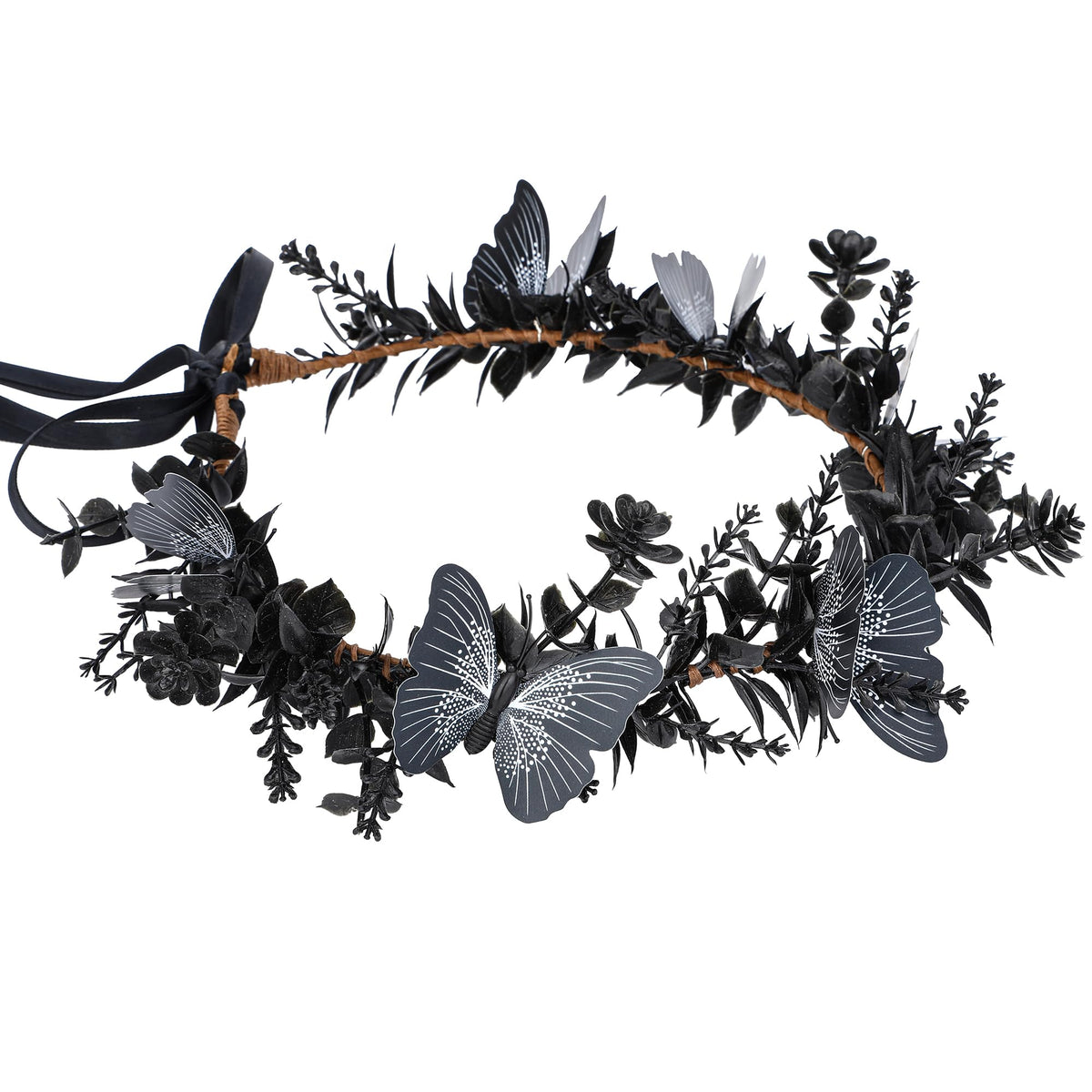 MOSTORY Handmade Black Flower Butterfly Crown - Gohic Elf Headpiece Fairy Floral Headband Dark Wreath for Women s Halloween Renaissance Cosplay Festival Witch Party