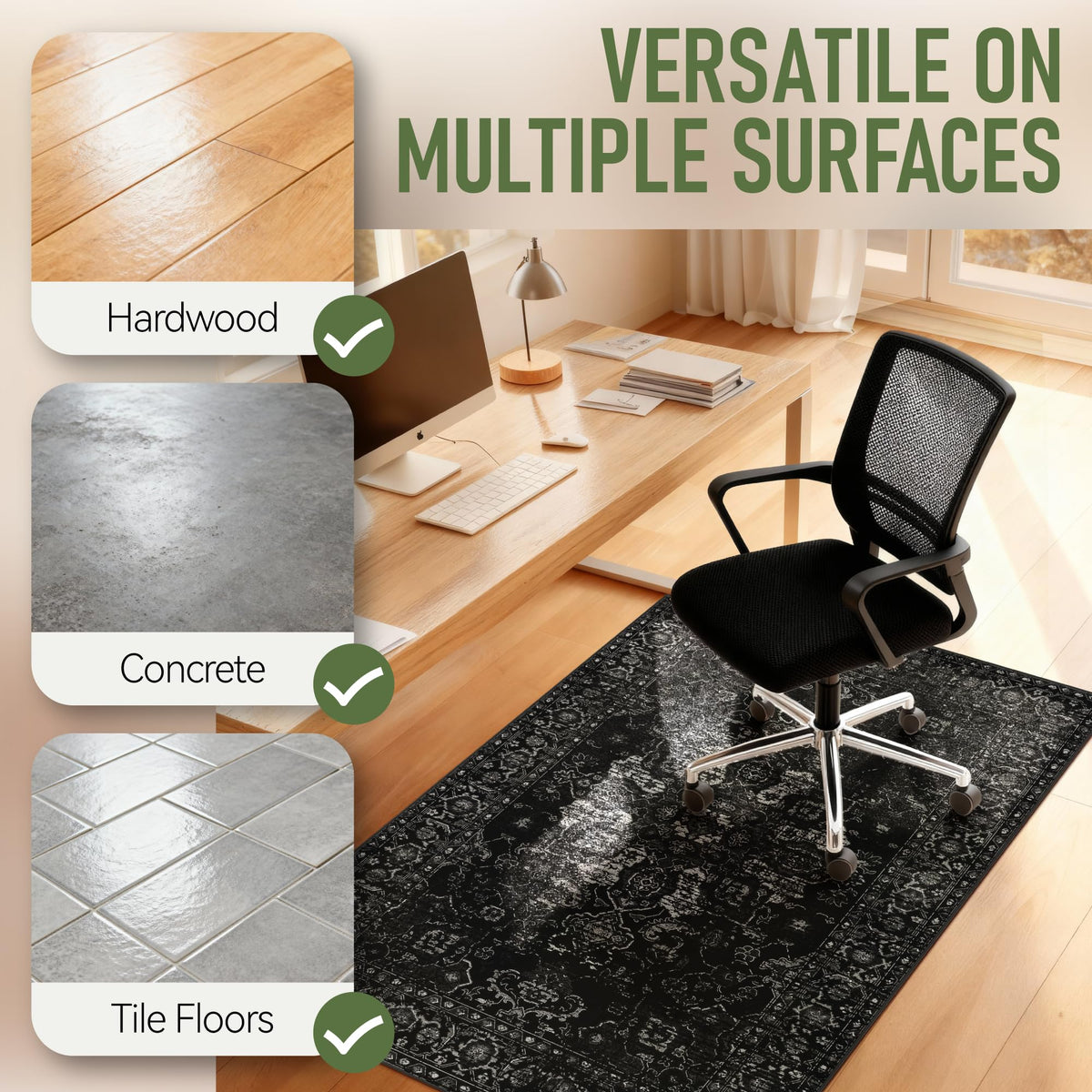 Office Chair Mat for Hardwood Floor, 36"x48" Desk Chair Mat for Home Office, Non-Slip Under Desk Mat for Rolling Chair,Washable Chair Rugs for Gaming Chairs-Black