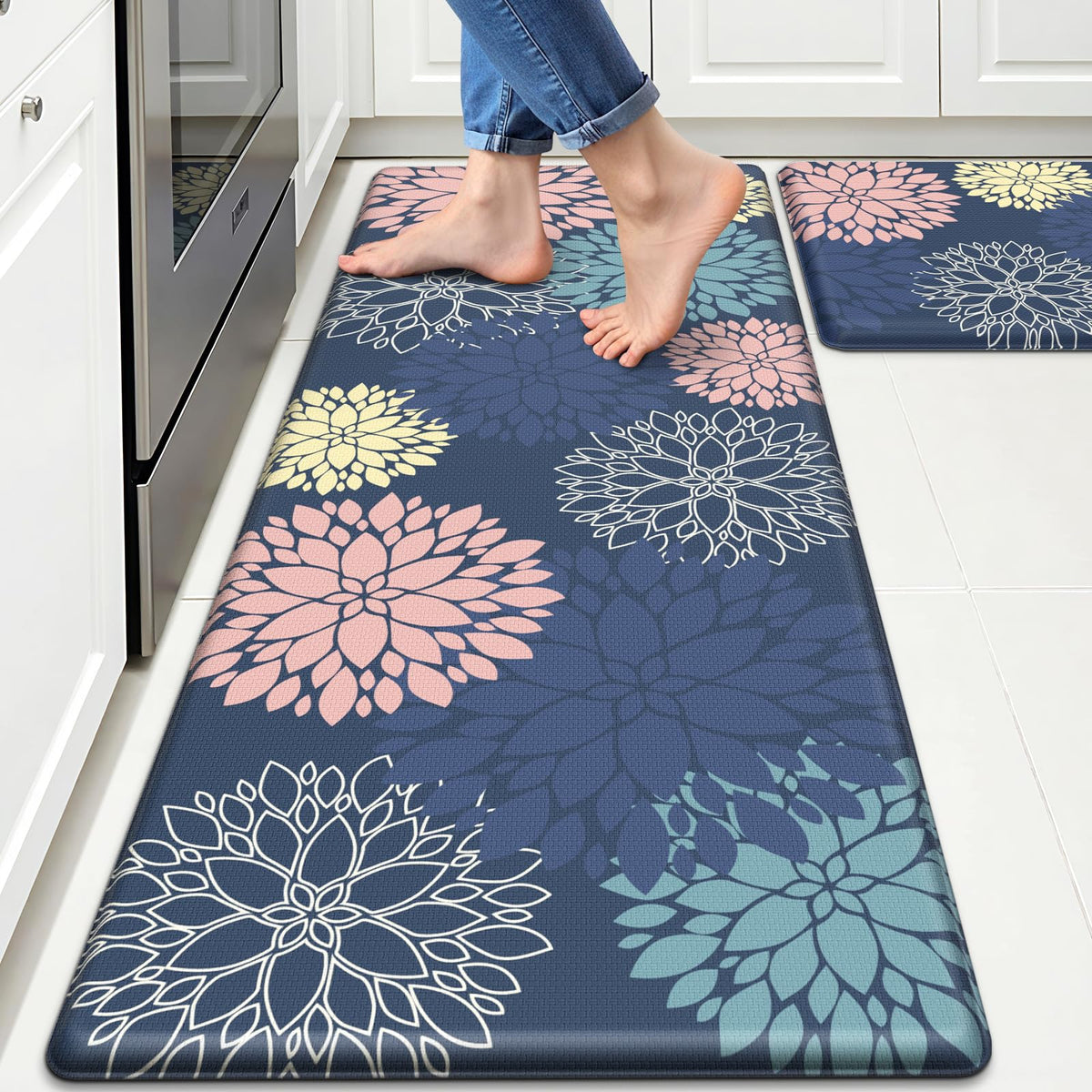 Anti-Fatigue Kitchen Mats Set 2 Piece, StepLively Blue Cushioned Foam Non-Slip Waterproof Standing Mats, Oeko-TEX Certified for Sink, Stove, Office & Laundry (17.3"x30"+17.3"x47")