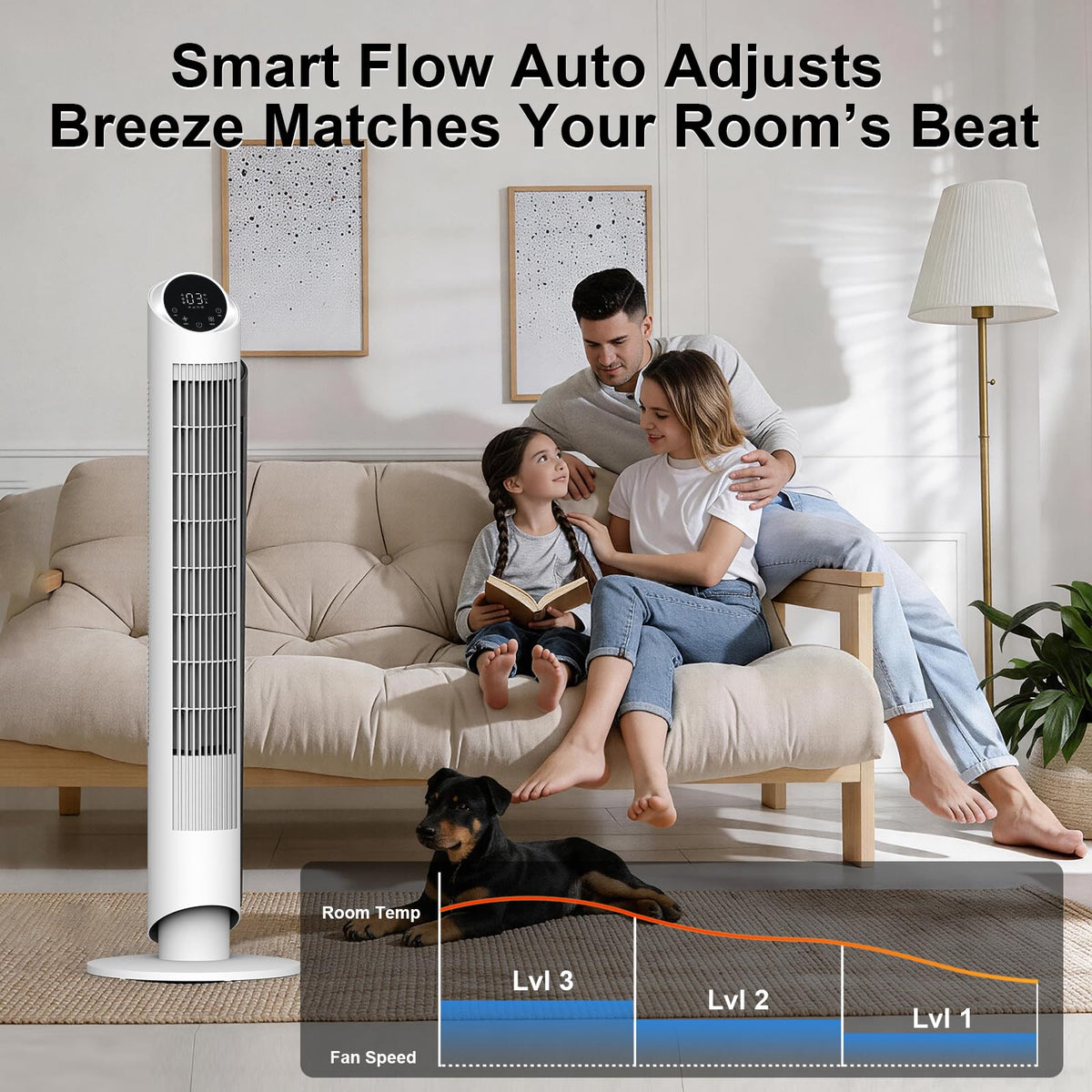hykolity 40'' Tower Fan for Bedroom, 90° Oscillating Standing Fan, 28dB Ultra Quiet, 26ft/s Velocity Bladeless Floor Fan with 3 Speeds & 4 Modes, 12H Timer for Living Room, Home, Office, White