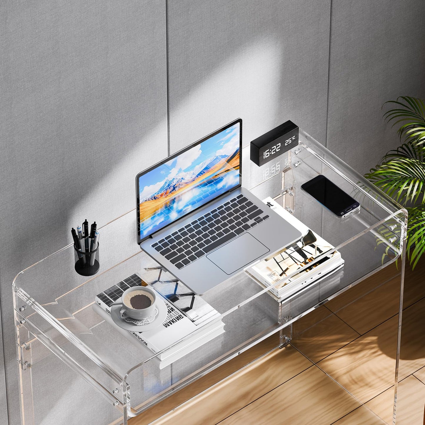VEVOR Acrylic Desk, Clear Laptop Study Desk with Storage Shelf, Modern Transparent Console Table for Home Office, Living Room, Bedroom, Entryway, 33.5" W x 15.7" D x 29.5" H