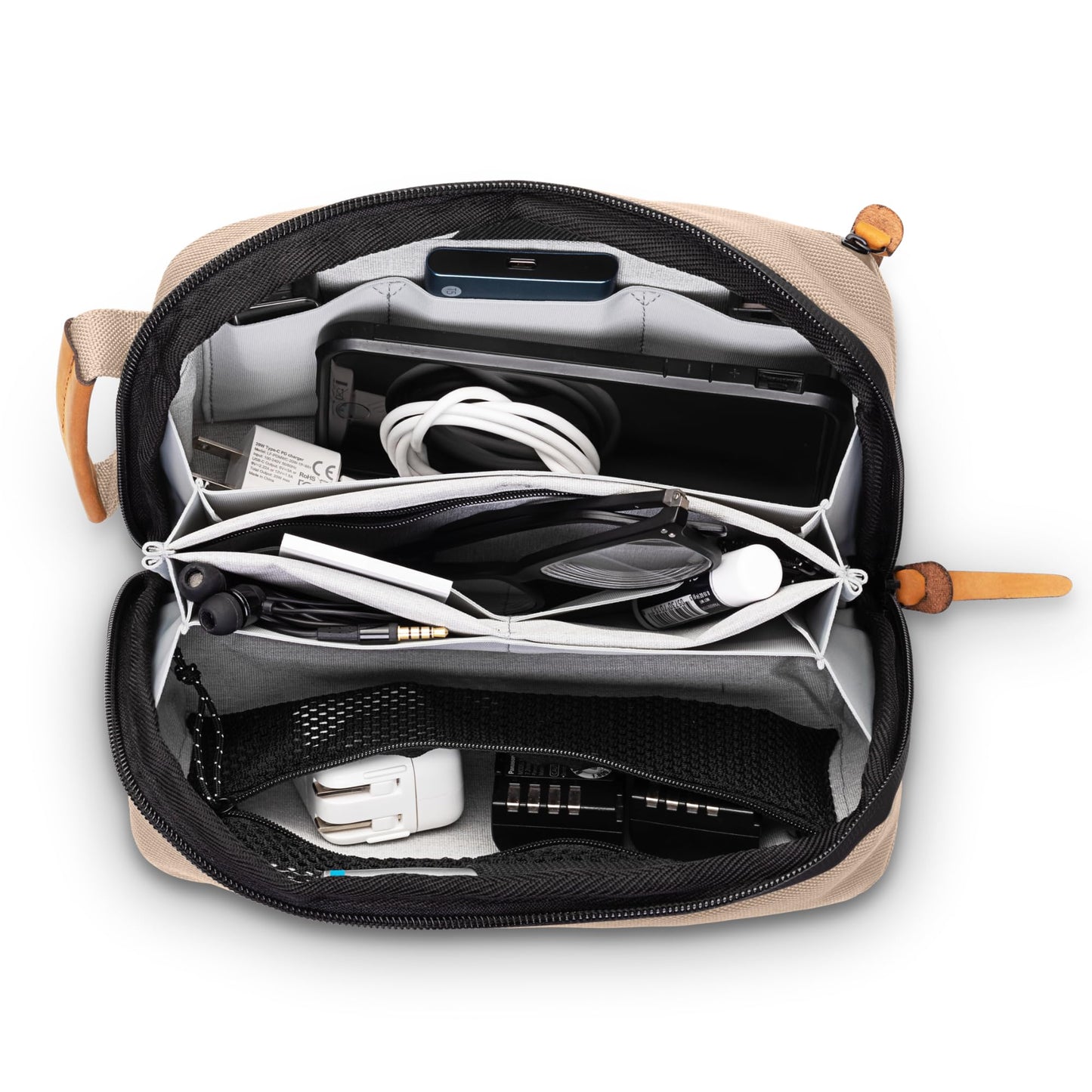 Tech Bag Organizer - Small Electronics Organizer Pouch for Travel - Premium Travel Case with Leather Accents - Mesh Pocket for Cables, Cords and Chargers (Tan)
