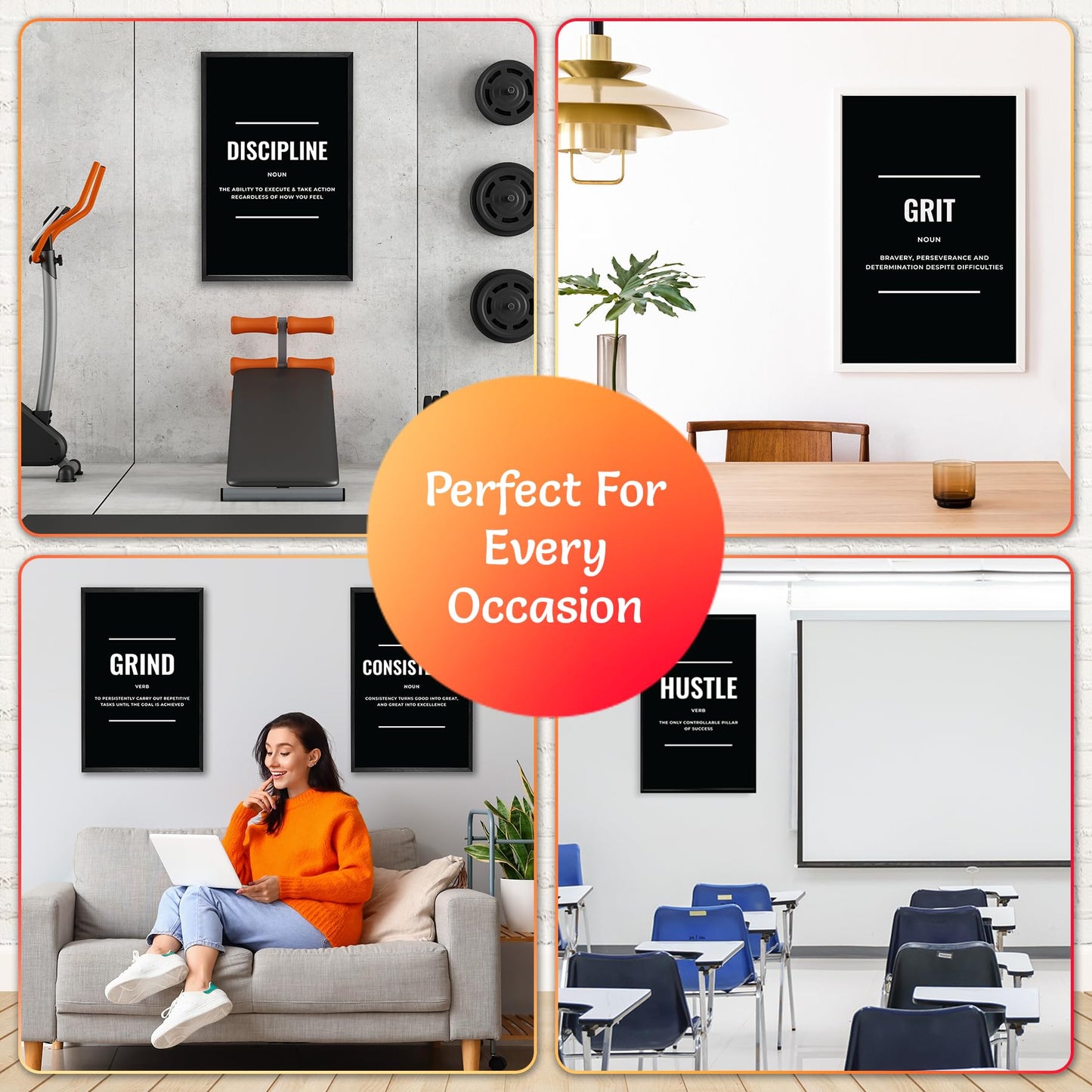 Black and White Motivational Posters Set of 6 - Inspirational Wall Art Prints for Men | Hustle Grind Discipline Office, Home Gym & Bedroom Decor | Bold Monochrome Quotes | ThrowbackTraits