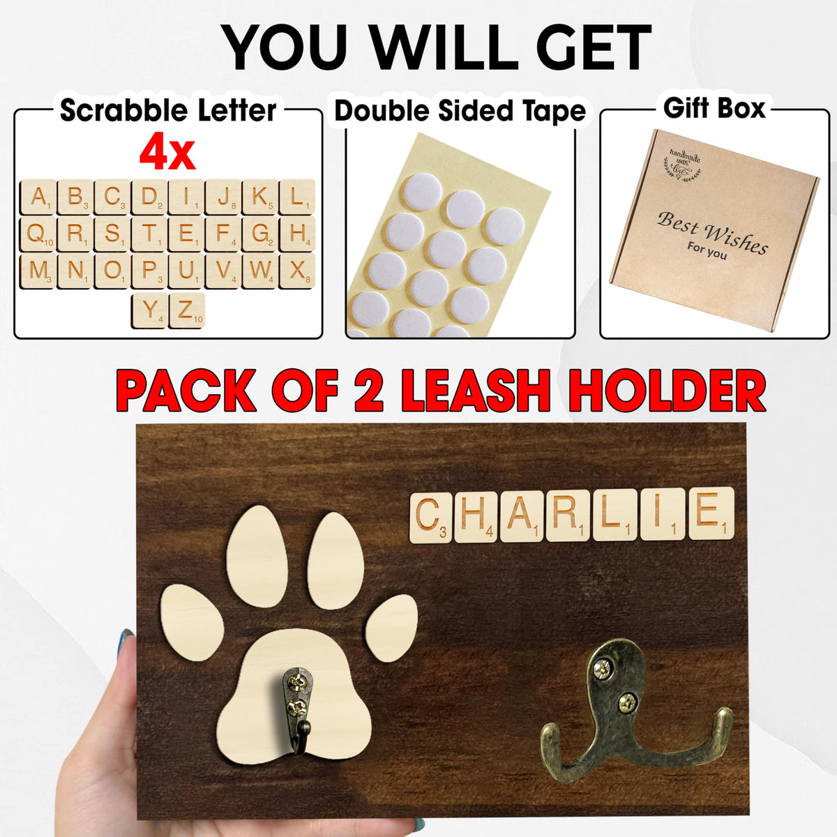 VINARTSVN 2 Pack Dog Leash Holder Wall Mount, Pet Harness Hanger with Scrabble Letters, Dog Collar Organizer for Entryway, Cat Leash Holder for Wall, Pet Loss Gifts, Keepsake, Home Decor PF218-CBW