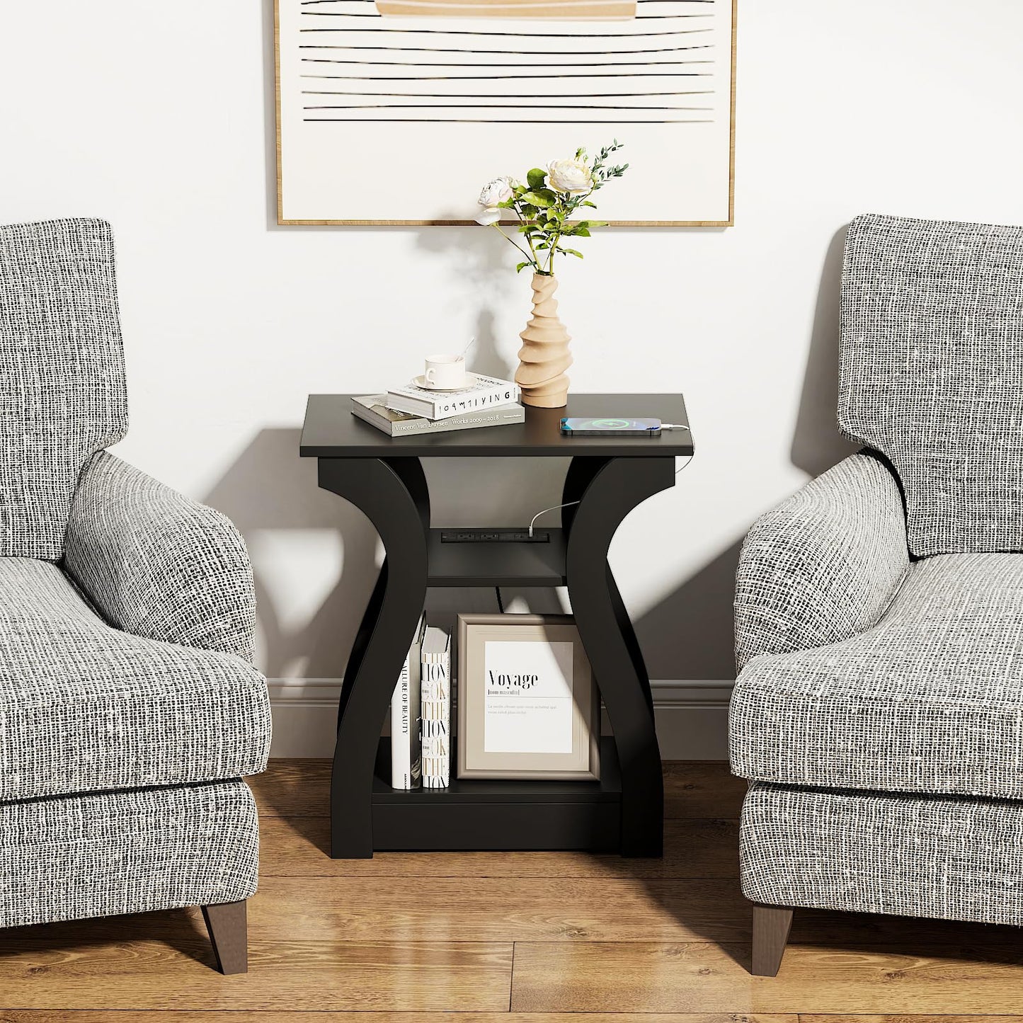 FROMJBEST End Table with Charging Station, Side Table with USB Ports and Outlets, Nightstand, 3 Tier End Table with Storage Shelf for Living Room, Bedroom (Black)