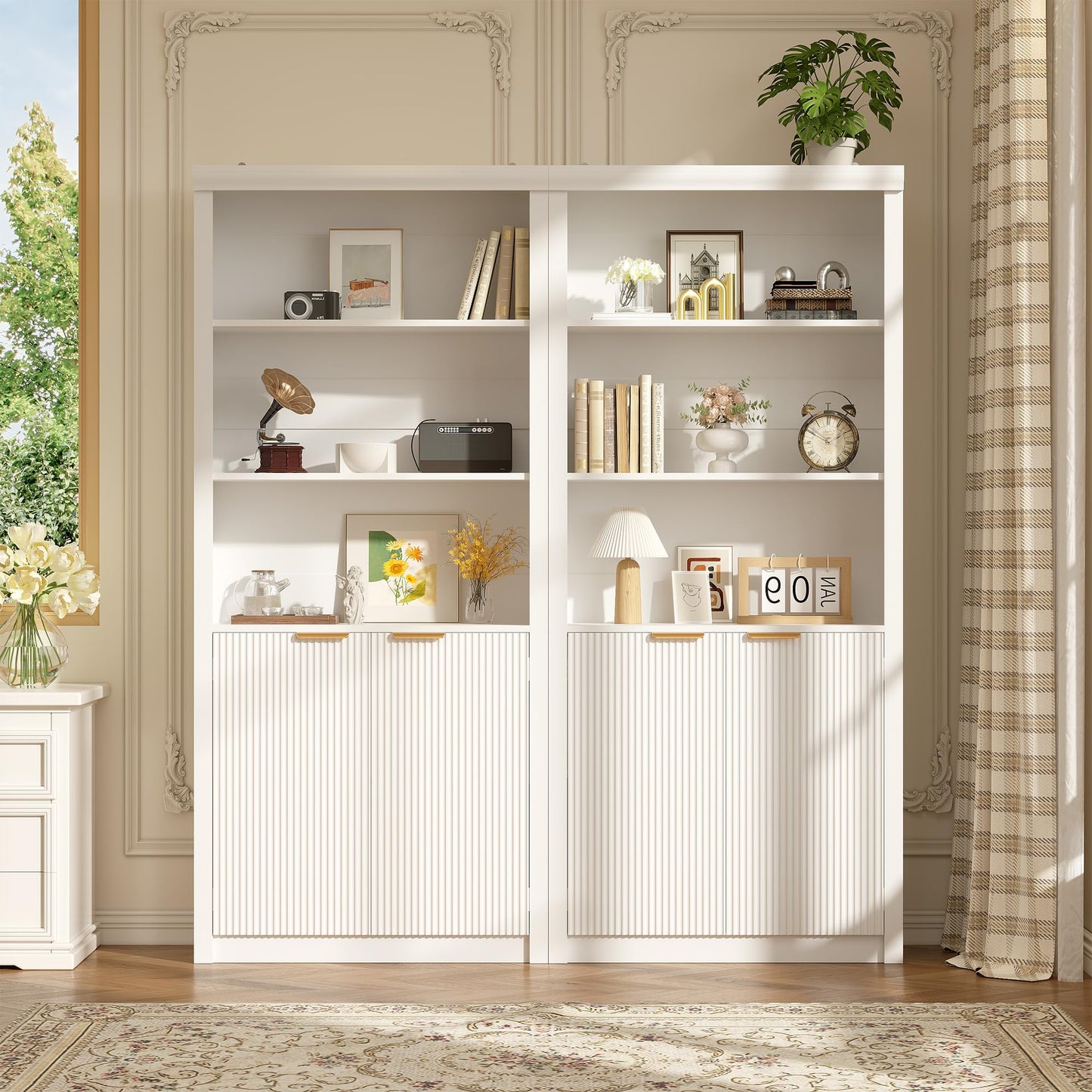 Garvee Tall Book Shelf and Bookcase, Wooden Bookcase with Doors, Modern Book Case with Large Storage Cabinet, 5-Shelf Bookcases with Adjustable top Shelve for Home Office, Living Room, 2 Set White