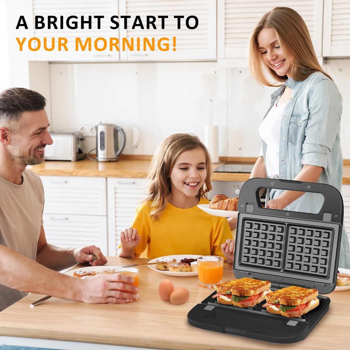 Sunvivi Sandwich Maker Panini Press: Waffle Maker with Removable Plates, 3 in 1 Sandwich Maker Press with Non-Stick Plates, Indicator Lights & Cool Touch Handle, 750W, Black