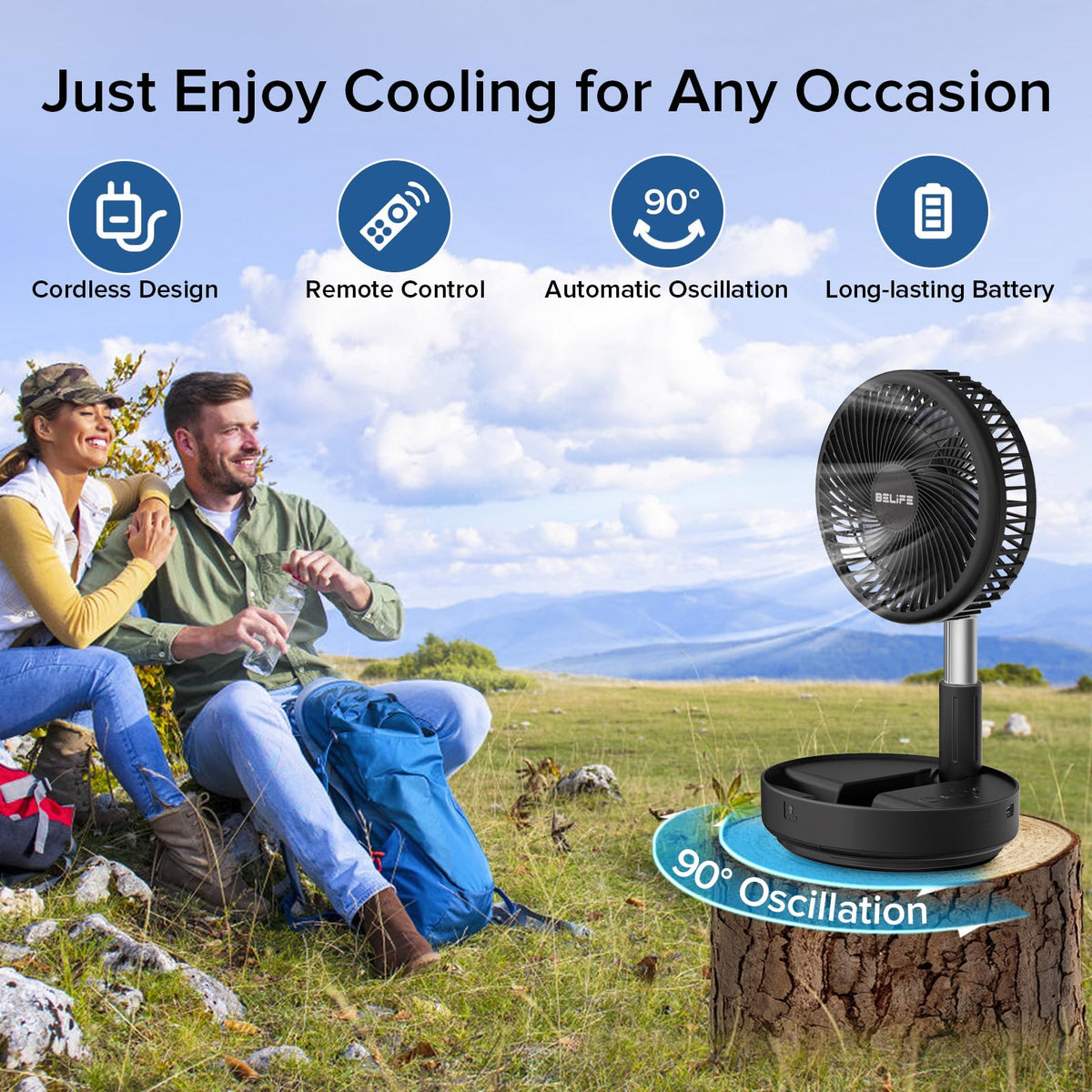 Belife X8 Portable Fan, 7200mAh Battery Powered Rechargeable, Oscillating USB Desk Floor Fan with Remote, Foldable Telescopic Fan for Home Bedroom Sleeping Office Camping Travel, 7.7" (Black)