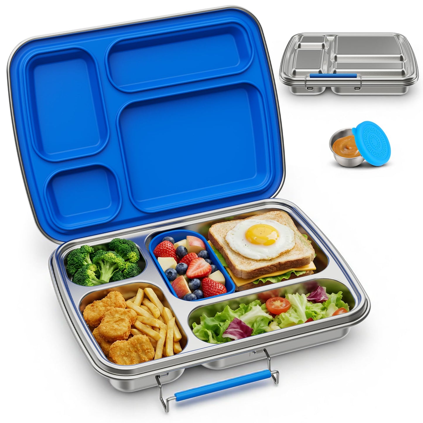 Zeekala Stainless Steel Bento Lunch Box for Kids & Adults, 4 Compartment Kids Lunch Box, Metal Bento Box with Silicone Container and Stainless Steel Sauce Container,BPA-Free,School,Office(Blue)