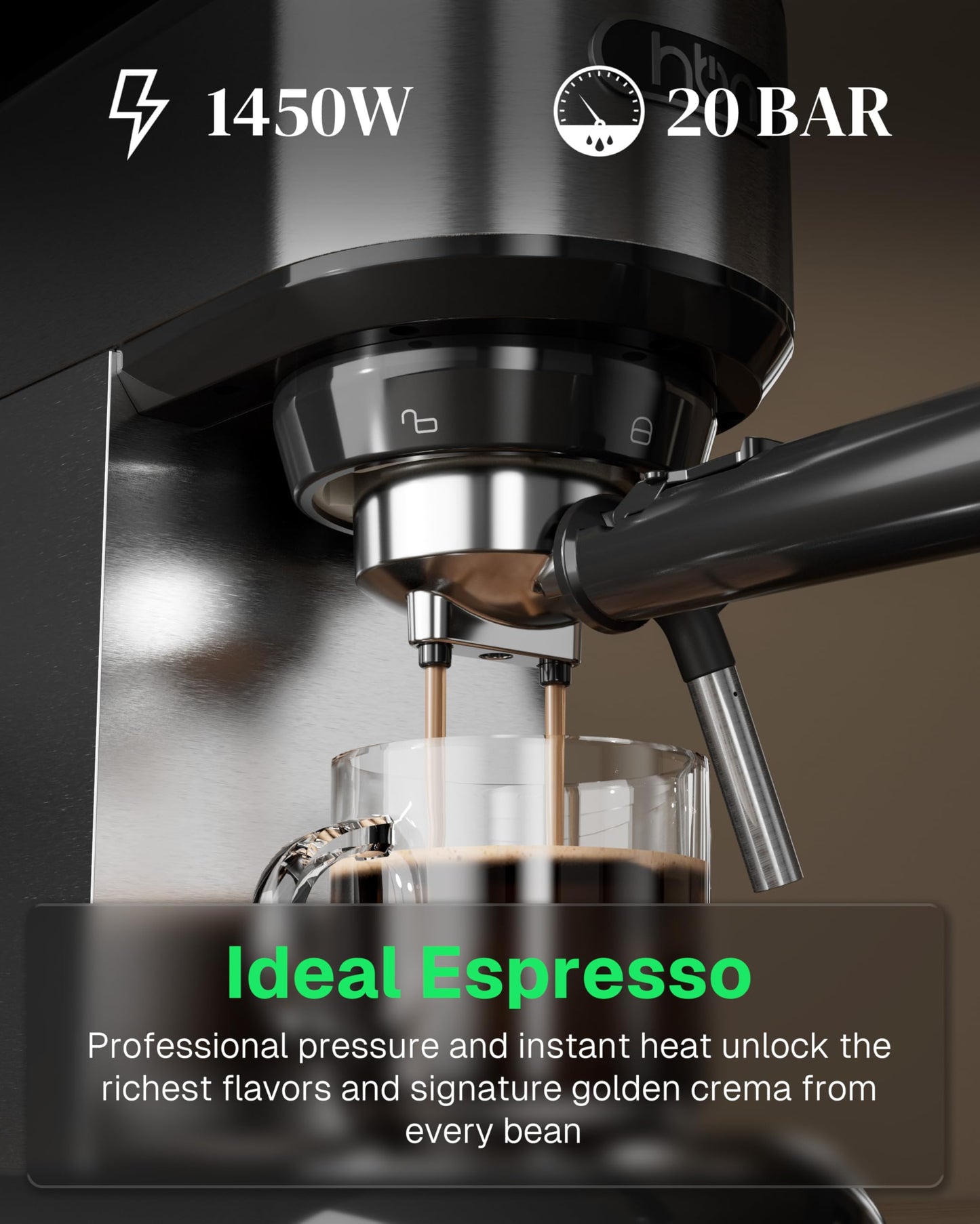 HBN 20 Bar Espresso Machine with Milk Frother, Compact Espresso Maker for Ground Coffee, Stainless Steel Coffee Machine with Steam Wand & 34oz Removable Water Tank, 1450W for Home & Office